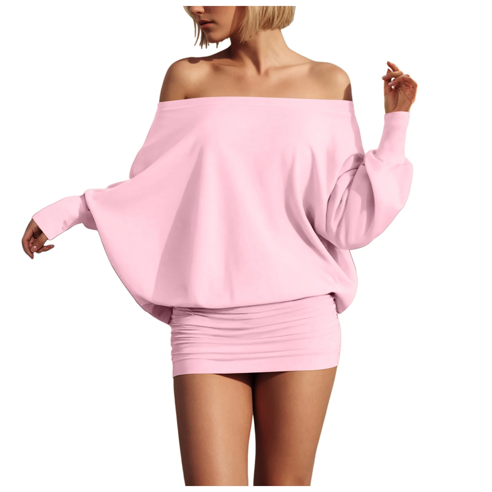 Fashion Off Shoulder Sheer Mini Dress Outfits For Women Hot Sexy Long Sleeve Ruched Party Dresses Bodycon Solid Color Robe Femme