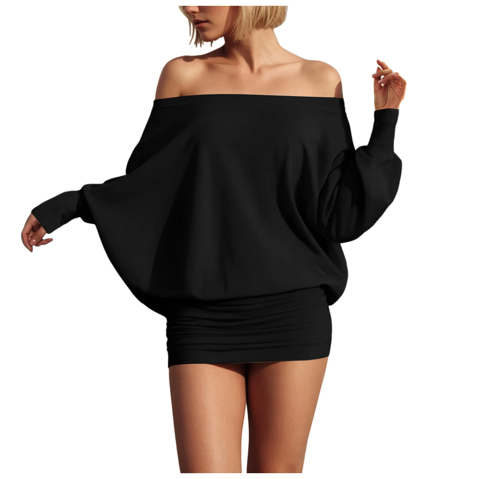 Fashion Off Shoulder Sheer Mini Dress Outfits For Women Hot Sexy Long Sleeve Ruched Party Dresses Bodycon Solid Color Robe Femme
