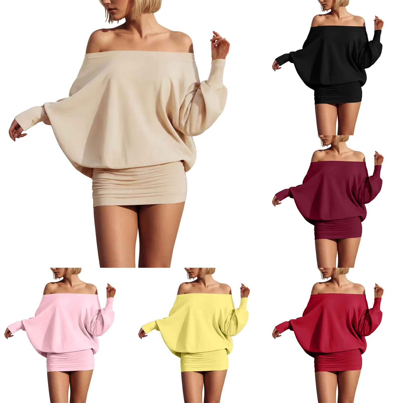 Fashion Off Shoulder Sheer Mini Dress Outfits For Women Hot Sexy Long Sleeve Ruched Party Dresses Bodycon Solid Color Robe Femme