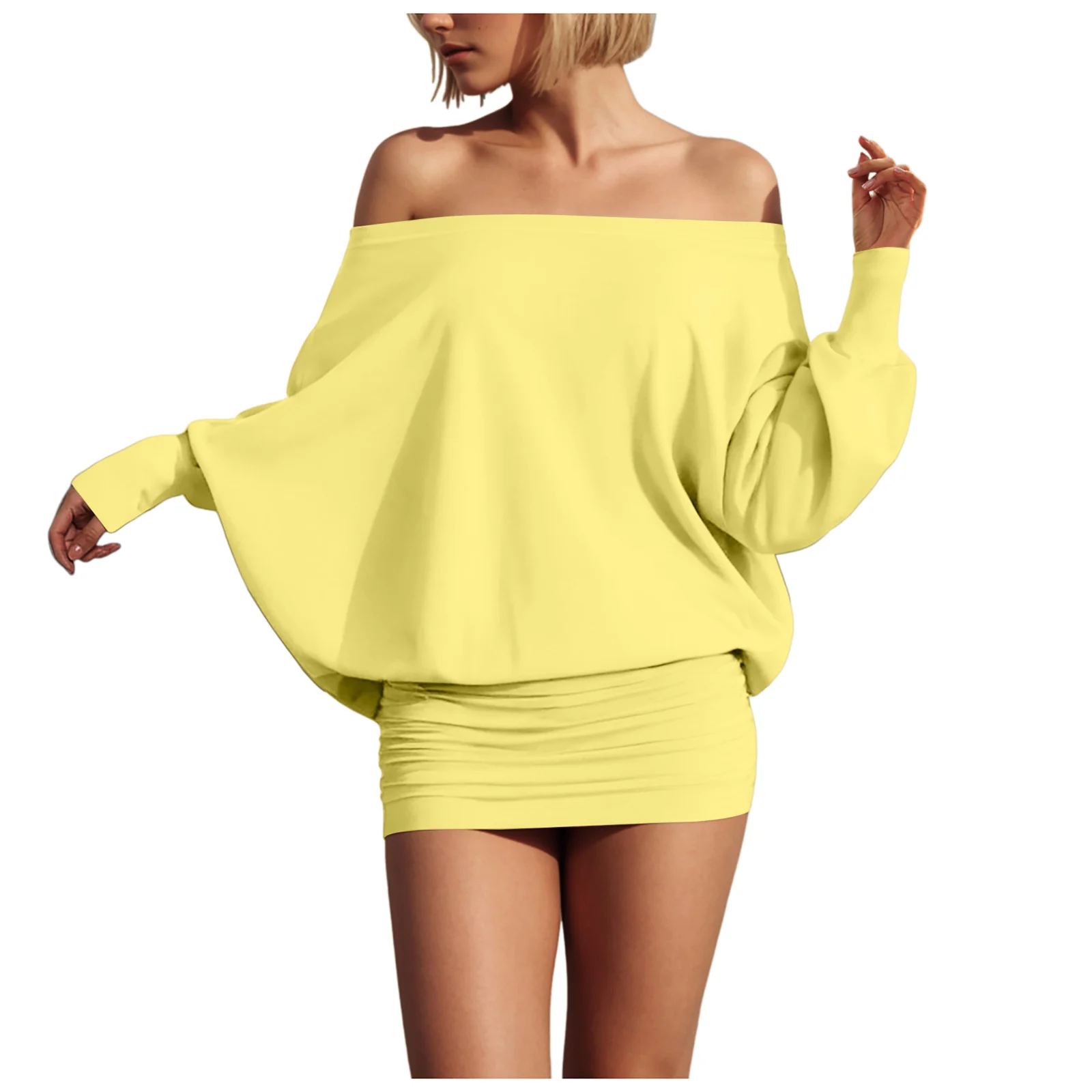 Fashion Off Shoulder Sheer Mini Dress Outfits For Women Hot Sexy Long Sleeve Ruched Party Dresses Bodycon Solid Color Robe Femme