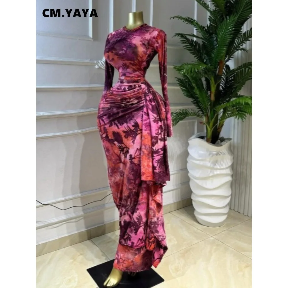 CM.YAYA Women Tie Dye Print O-neck Ribbon Long Sleeve Long Dress 2026 Street Evening Birthday Club Party Vestidos Sexy Dresses
