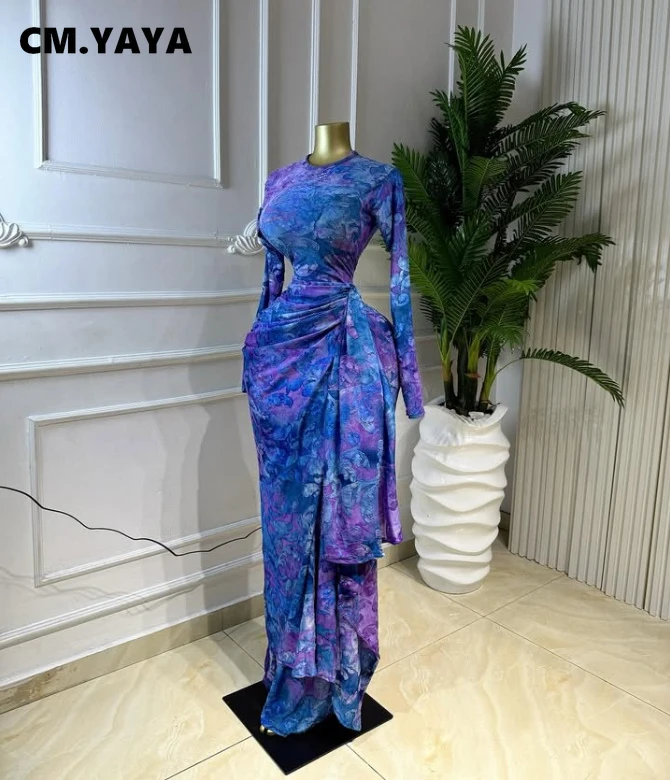 CM.YAYA Women Tie Dye Print O-neck Ribbon Long Sleeve Long Dress 2026 Street Evening Birthday Club Party Vestidos Sexy Dresses
