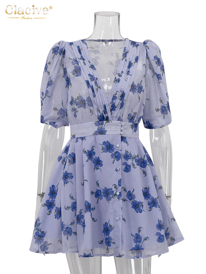 Clacive Fashion Loose Print Women Dress 2025 Sexy Deep V-Neck Short Sleeve Mini Dresses Elegant Classic High Waist Female Dress