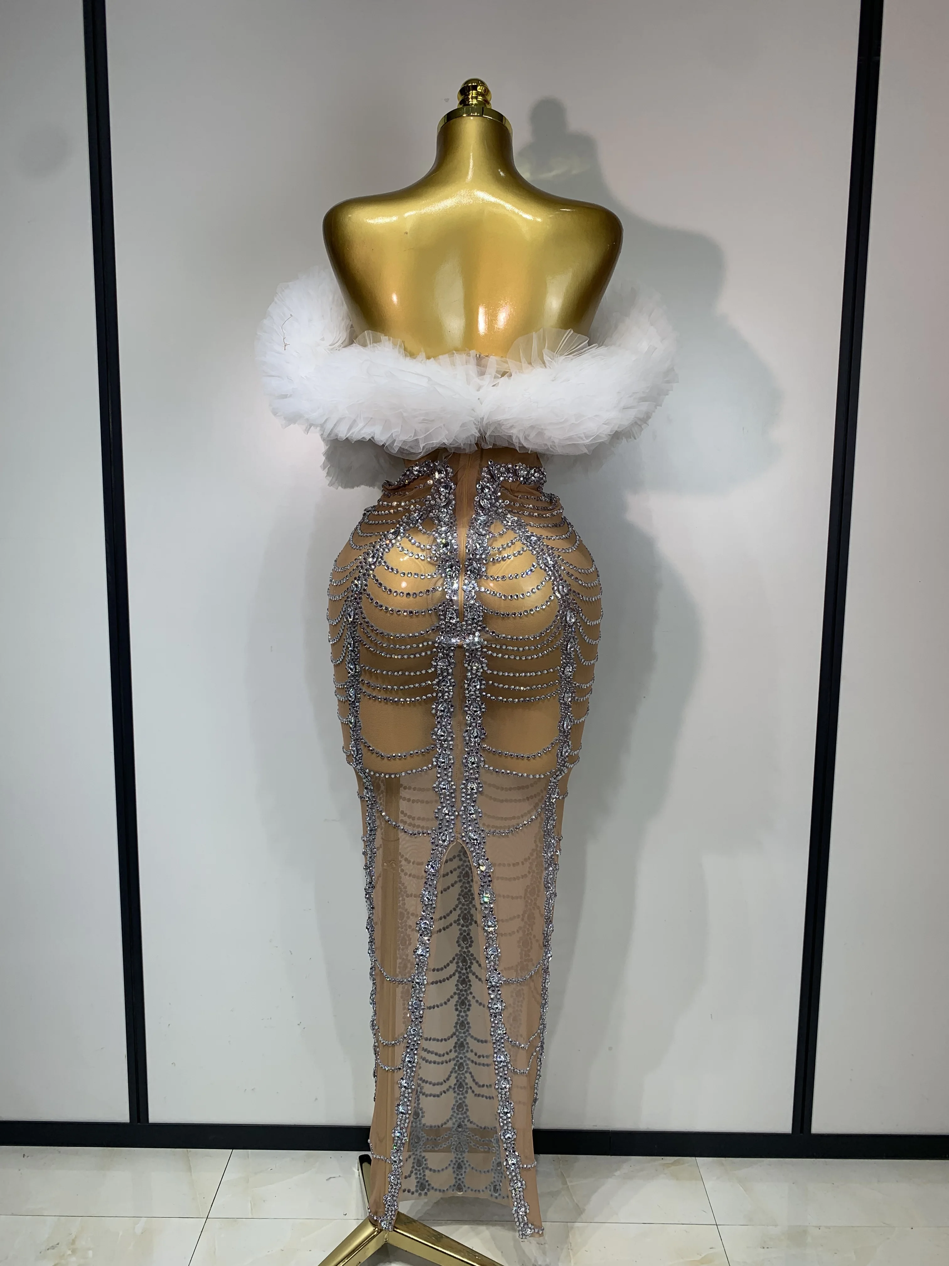 Women Sexy Strapless Rhinestone Bodycon Dress Luxury Birthday Party Costume Bar Nightclub Celebrity Stage Performance Outfit