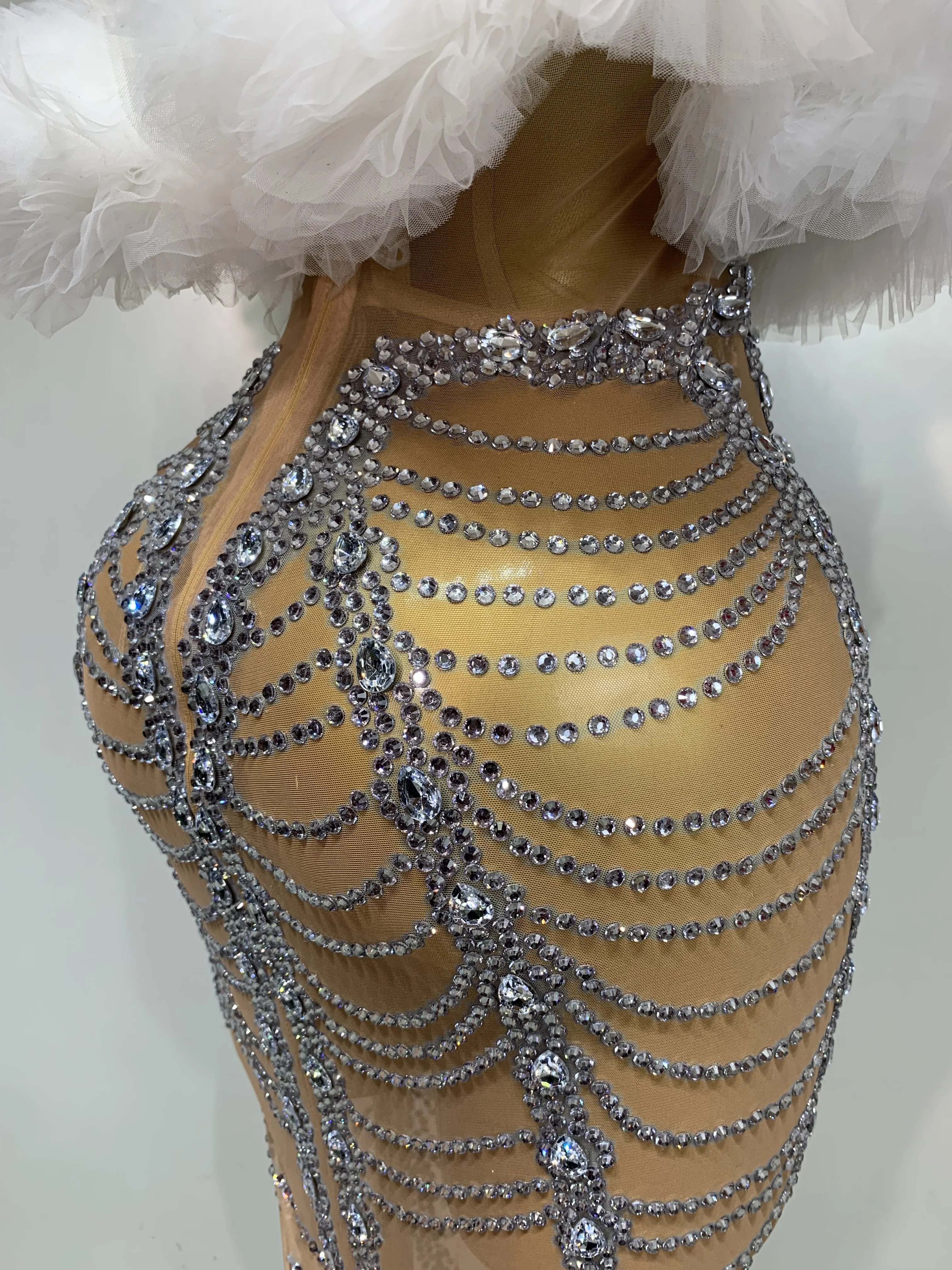 Women Sexy Strapless Rhinestone Bodycon Dress Luxury Birthday Party Costume Bar Nightclub Celebrity Stage Performance Outfit