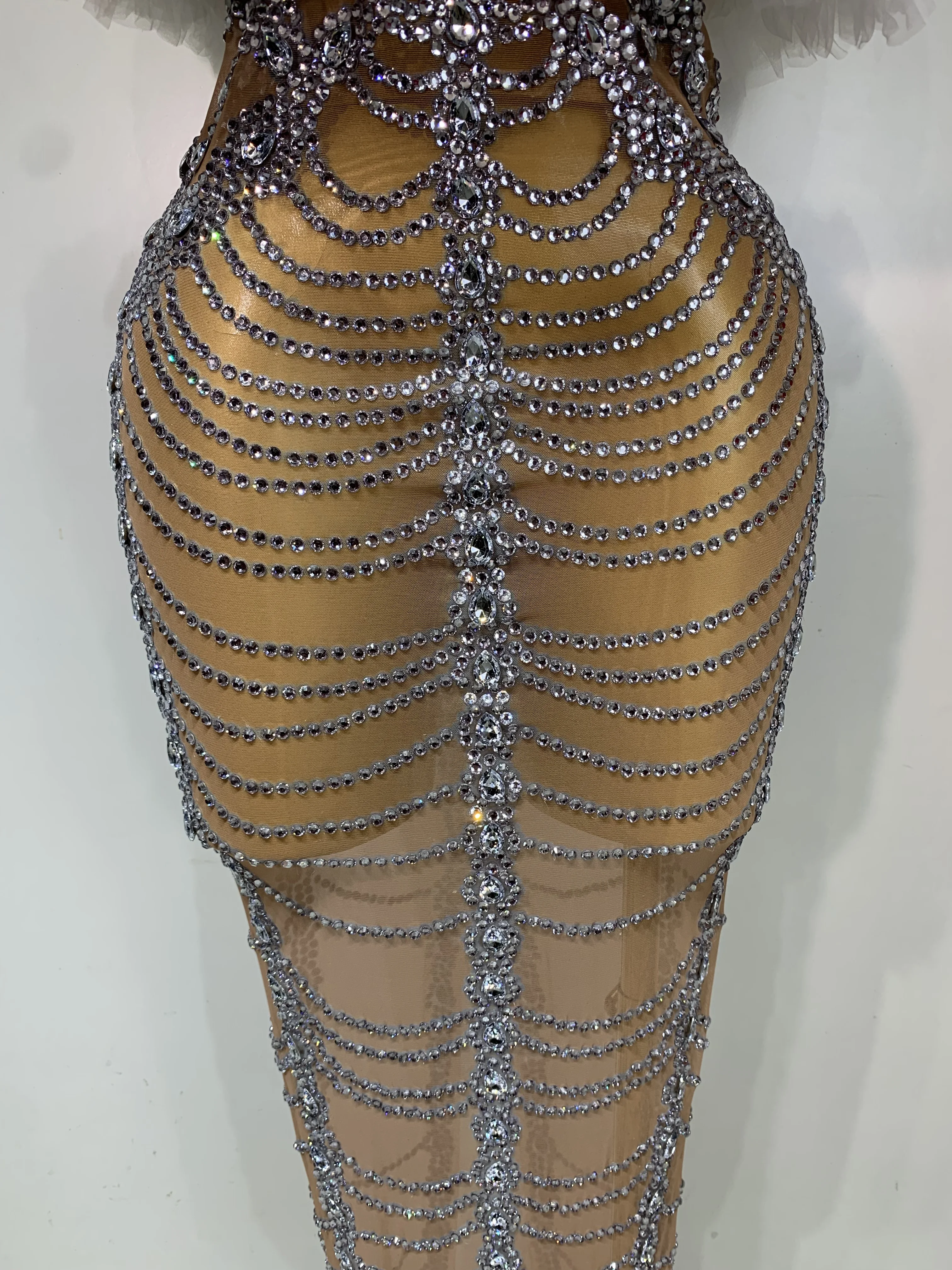 Women Sexy Strapless Rhinestone Bodycon Dress Luxury Birthday Party Costume Bar Nightclub Celebrity Stage Performance Outfit