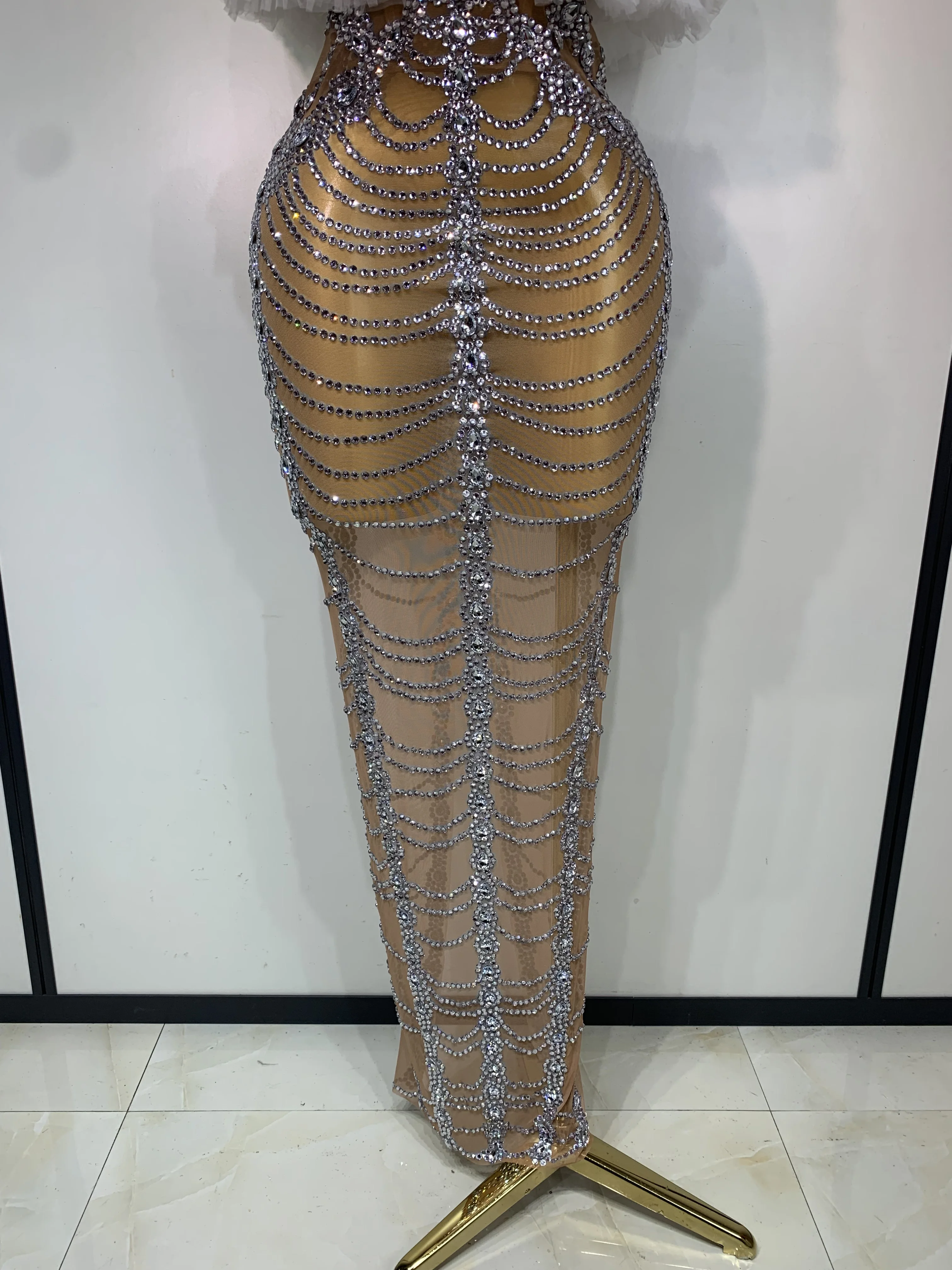 Women Sexy Strapless Rhinestone Bodycon Dress Luxury Birthday Party Costume Bar Nightclub Celebrity Stage Performance Outfit
