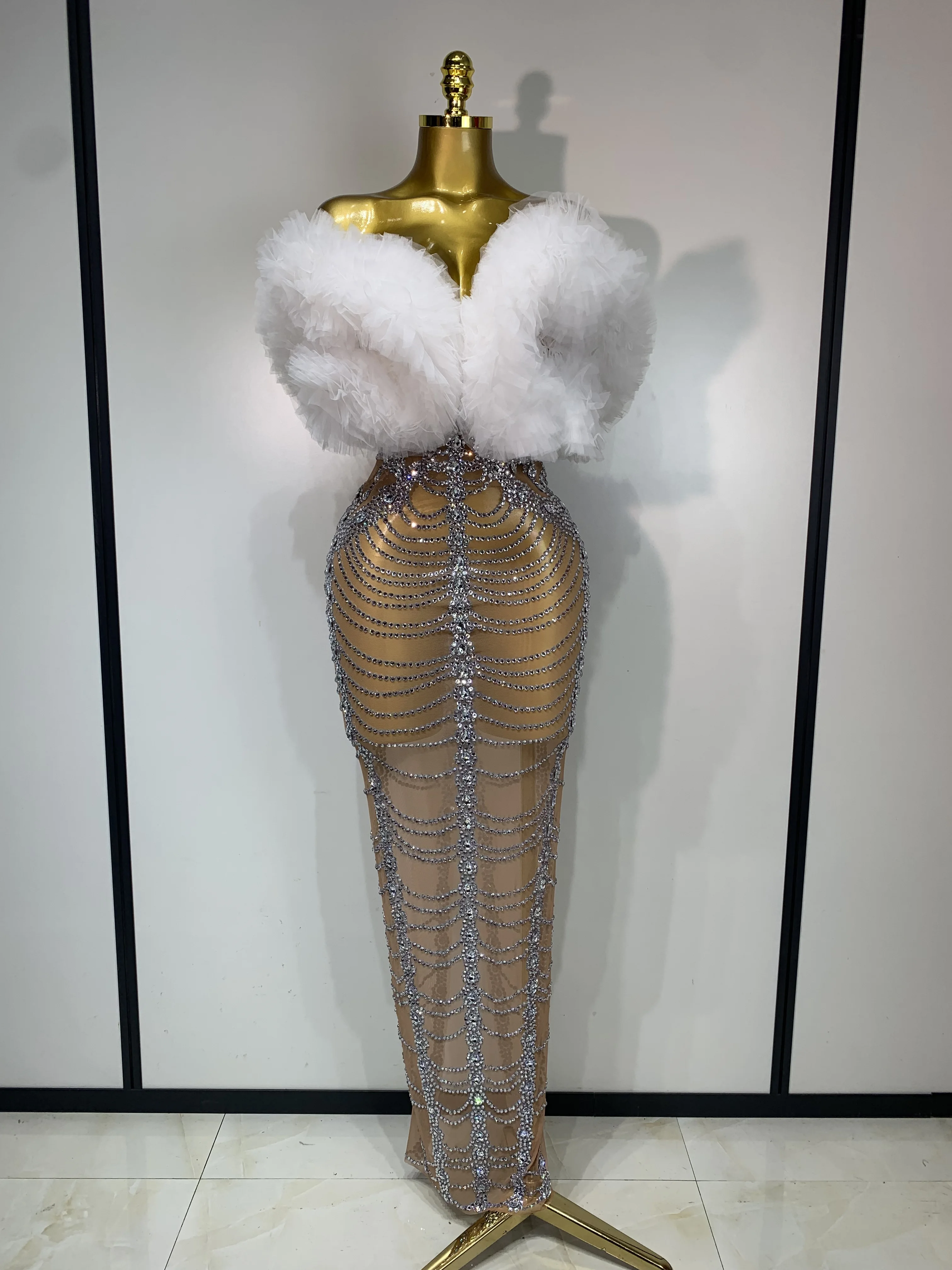 Women Sexy Strapless Rhinestone Bodycon Dress Luxury Birthday Party Costume Bar Nightclub Celebrity Stage Performance Outfit