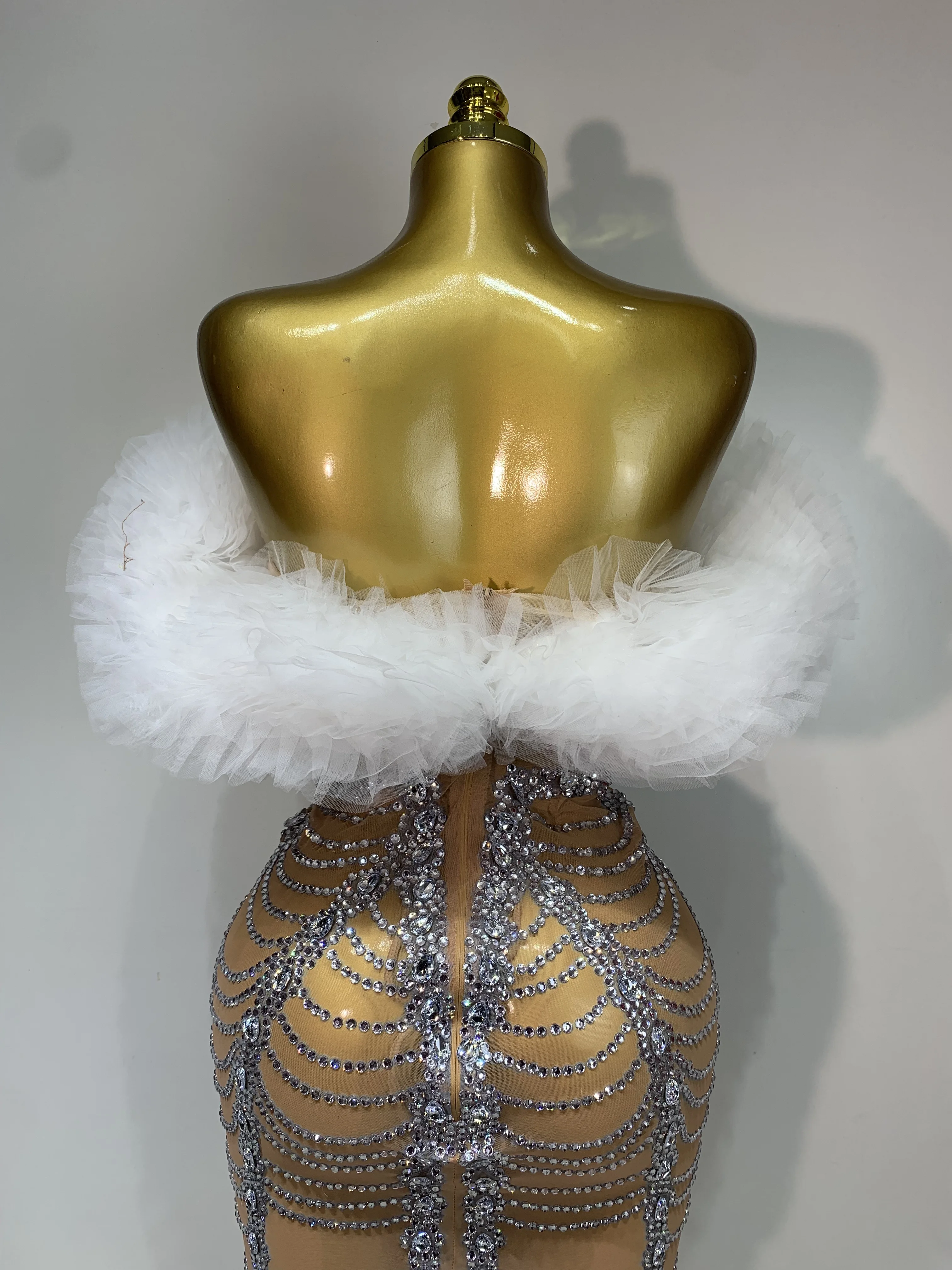 Women Sexy Strapless Rhinestone Bodycon Dress Luxury Birthday Party Costume Bar Nightclub Celebrity Stage Performance Outfit