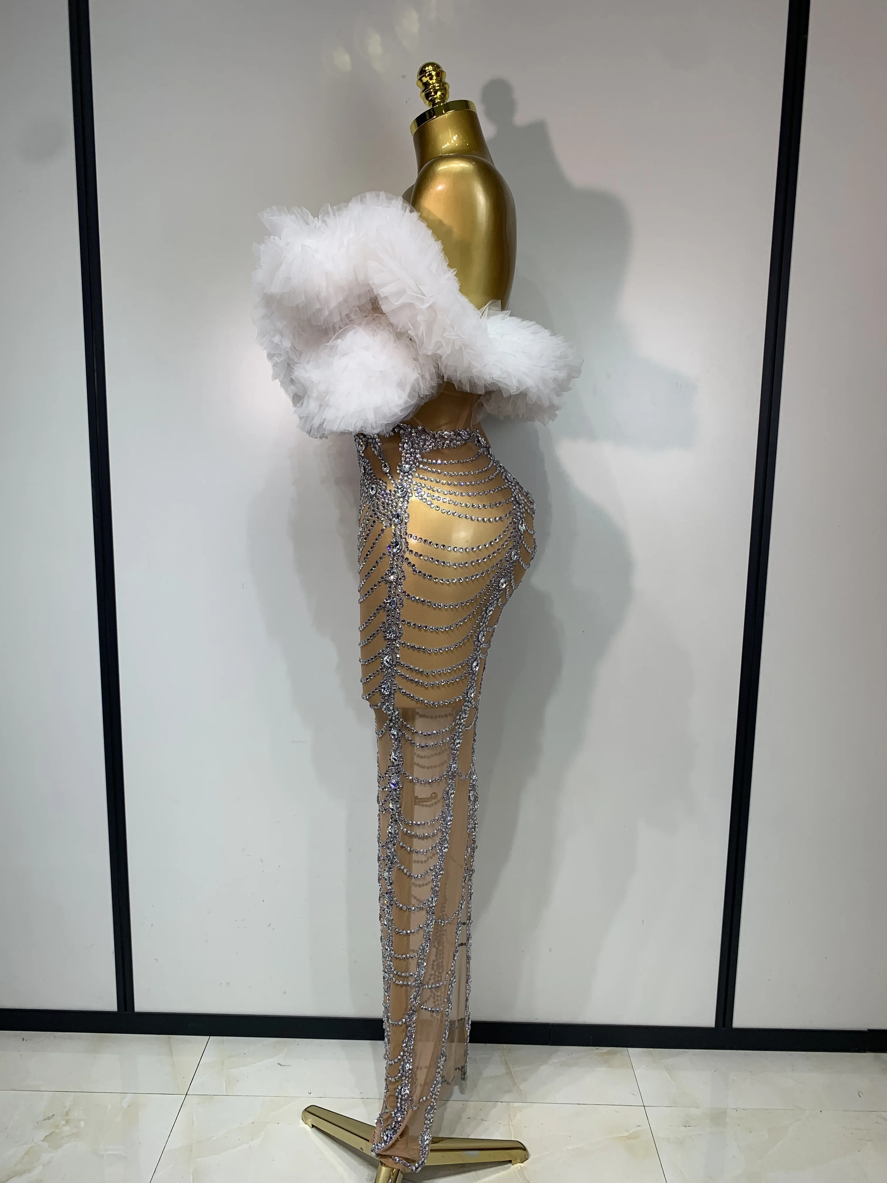 Women Sexy Strapless Rhinestone Bodycon Dress Luxury Birthday Party Costume Bar Nightclub Celebrity Stage Performance Outfit