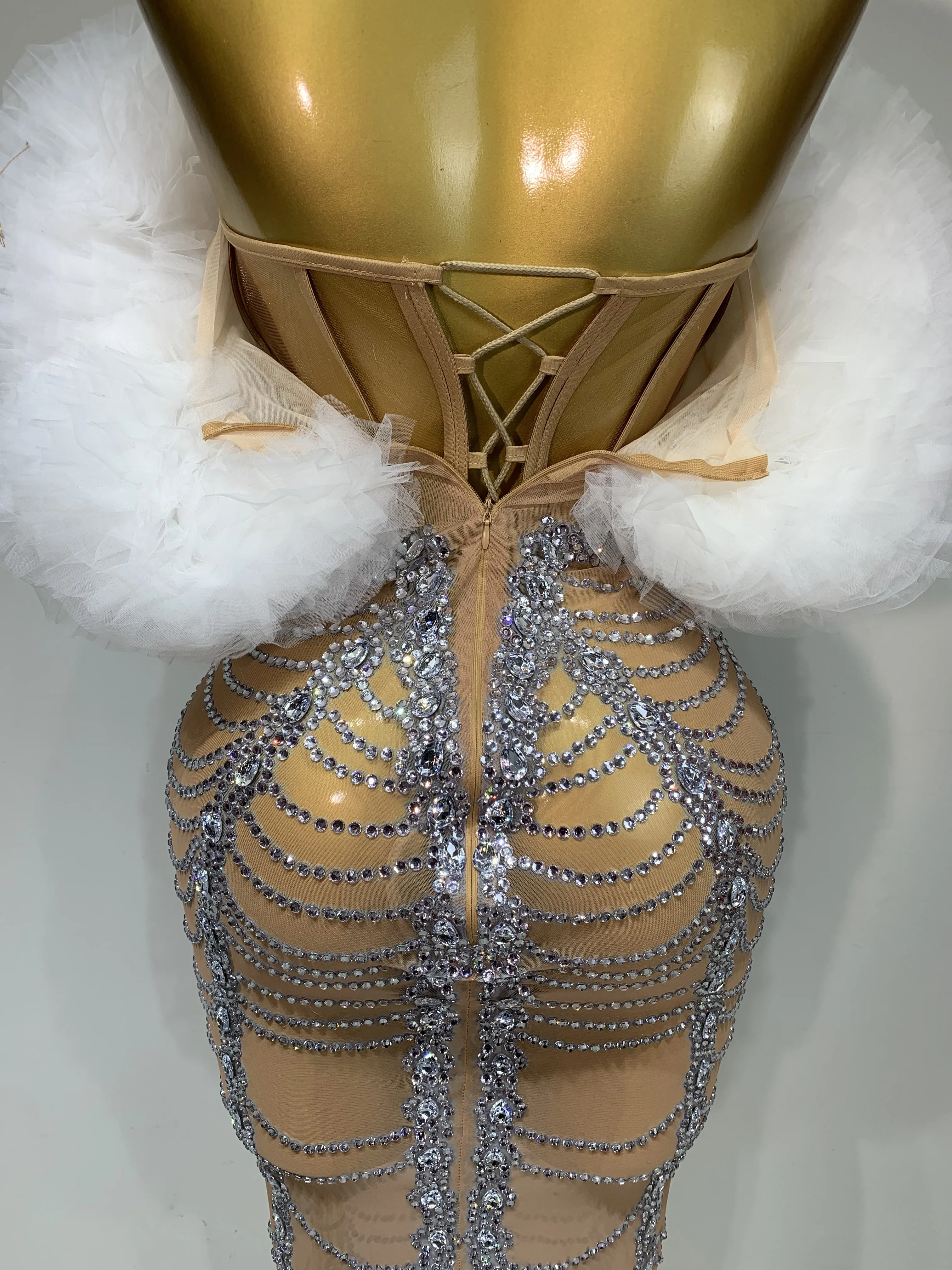 Women Sexy Strapless Rhinestone Bodycon Dress Luxury Birthday Party Costume Bar Nightclub Celebrity Stage Performance Outfit
