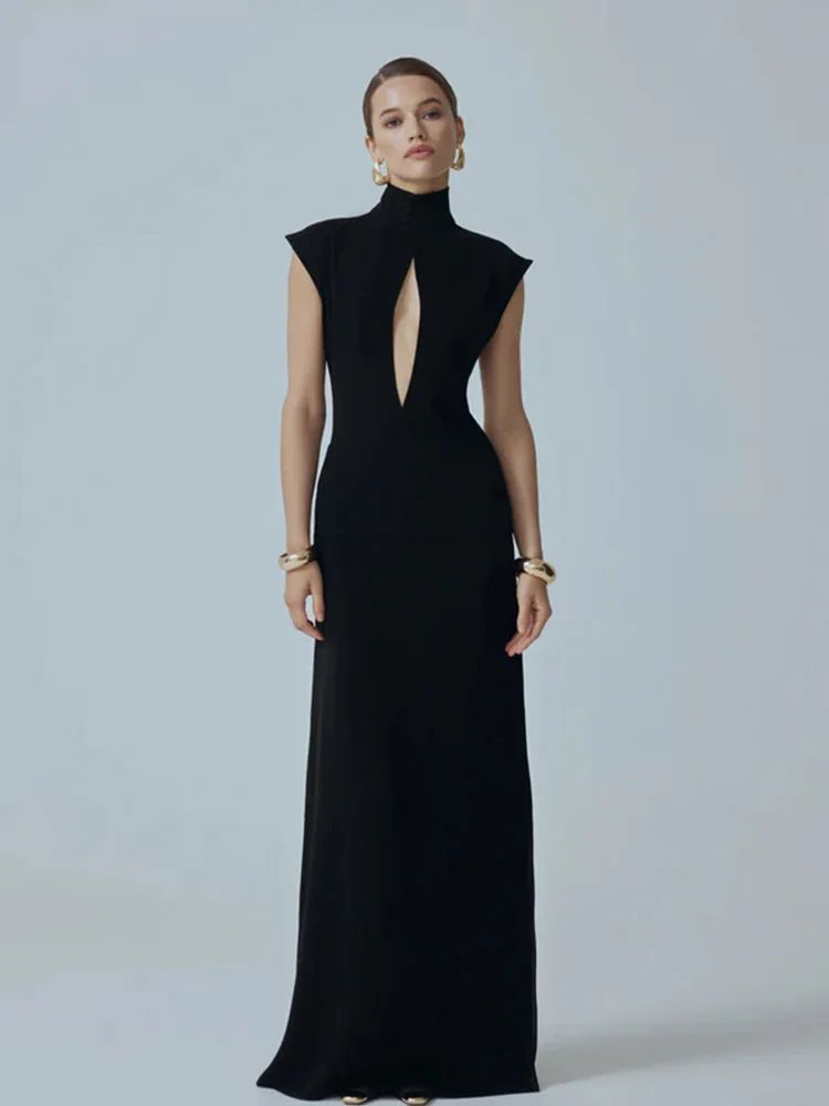 Ahagaga Fashion Sexy Women's Maxi Dresses Turtleneck Short Sleeves Hollow Out Lace Patchwork Sheath Split Party Solid Vestidos