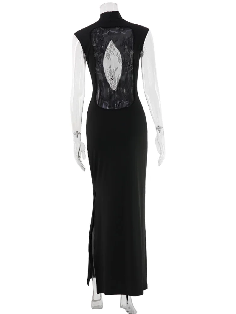 Ahagaga Fashion Sexy Women's Maxi Dresses Turtleneck Short Sleeves Hollow Out Lace Patchwork Sheath Split Party Solid Vestidos