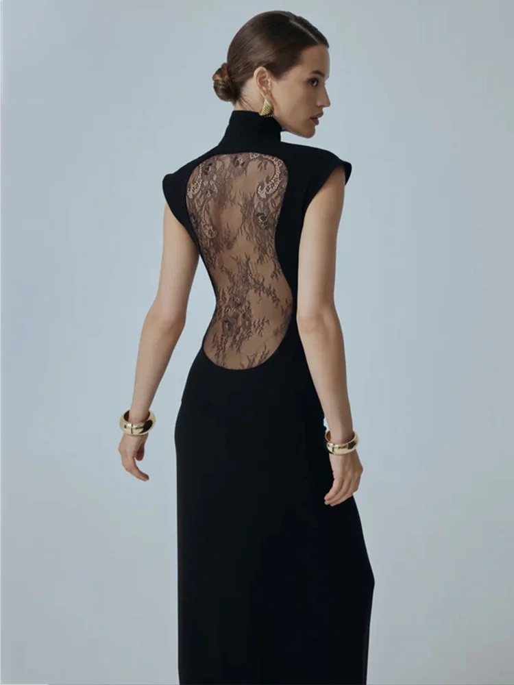 Ahagaga Fashion Sexy Women's Maxi Dresses Turtleneck Short Sleeves Hollow Out Lace Patchwork Sheath Split Party Solid Vestidos