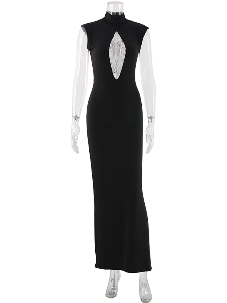 Ahagaga Fashion Sexy Women's Maxi Dresses Turtleneck Short Sleeves Hollow Out Lace Patchwork Sheath Split Party Solid Vestidos