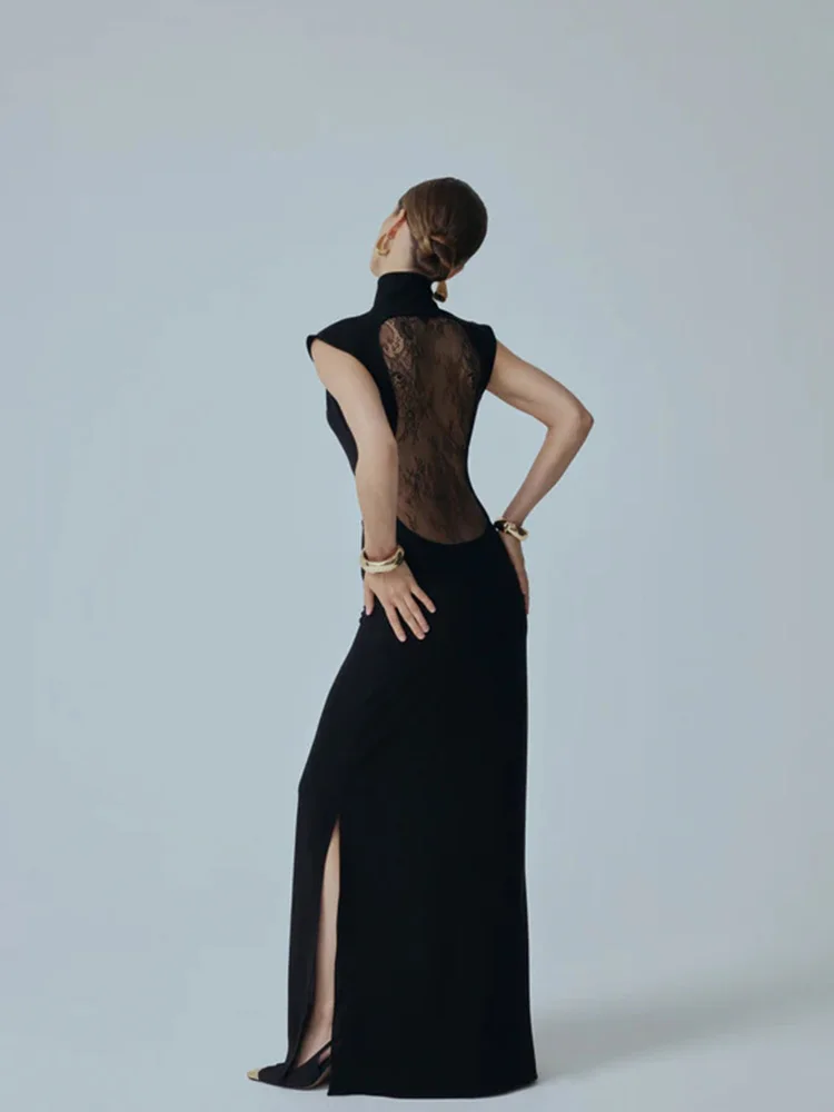 Ahagaga Fashion Sexy Women's Maxi Dresses Turtleneck Short Sleeves Hollow Out Lace Patchwork Sheath Split Party Solid Vestidos