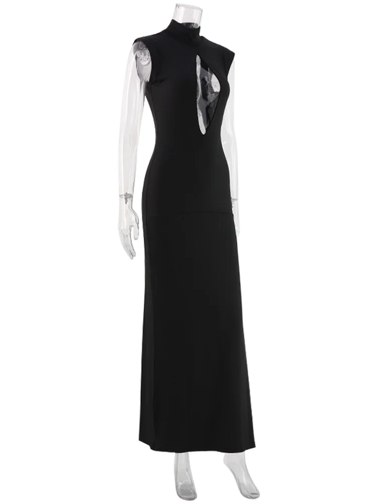 Ahagaga Fashion Sexy Women's Maxi Dresses Turtleneck Short Sleeves Hollow Out Lace Patchwork Sheath Split Party Solid Vestidos