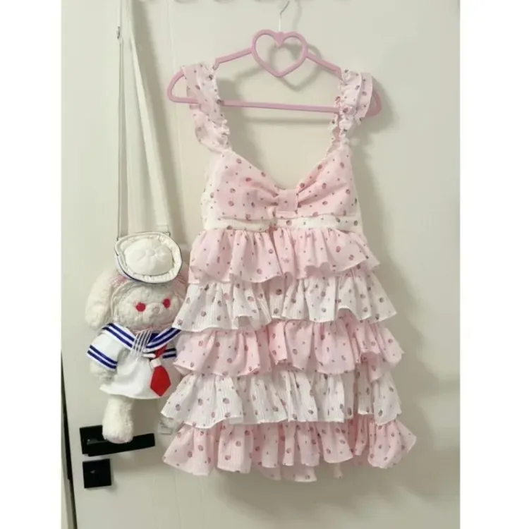 Sweet Japanese Style Tiered Sleeveless Dress with Polka Dots Cute Mini Cake Dress Summer Casual Feminine Outfit for Women New