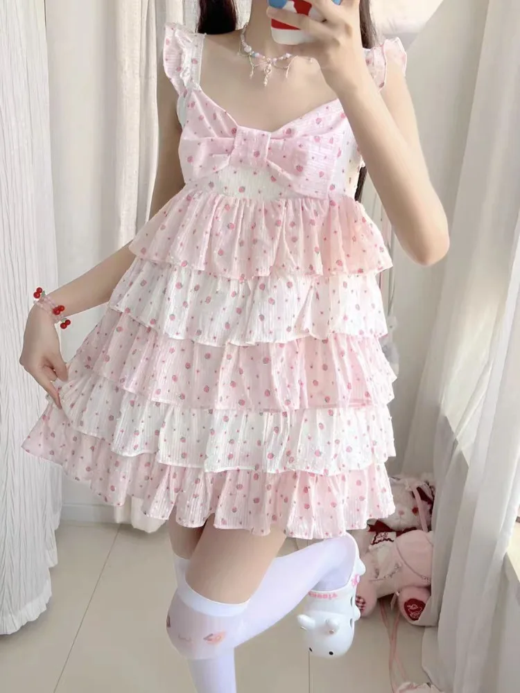 Sweet Japanese Style Tiered Sleeveless Dress with Polka Dots Cute Mini Cake Dress Summer Casual Feminine Outfit for Women New