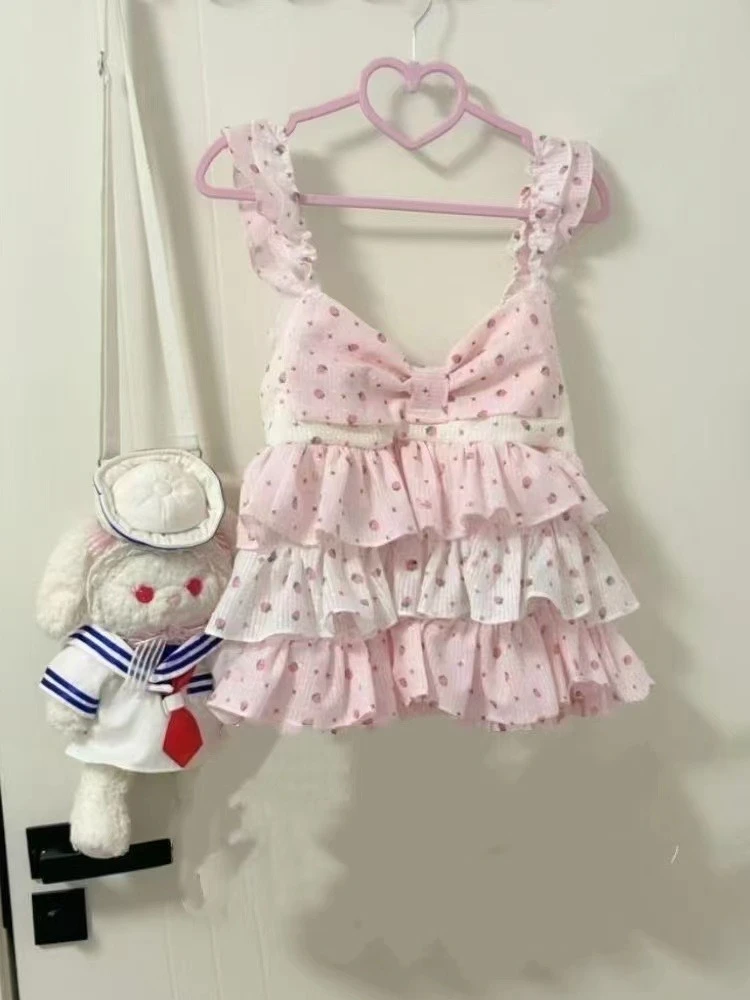 Sweet Japanese Style Tiered Sleeveless Dress with Polka Dots Cute Mini Cake Dress Summer Casual Feminine Outfit for Women New