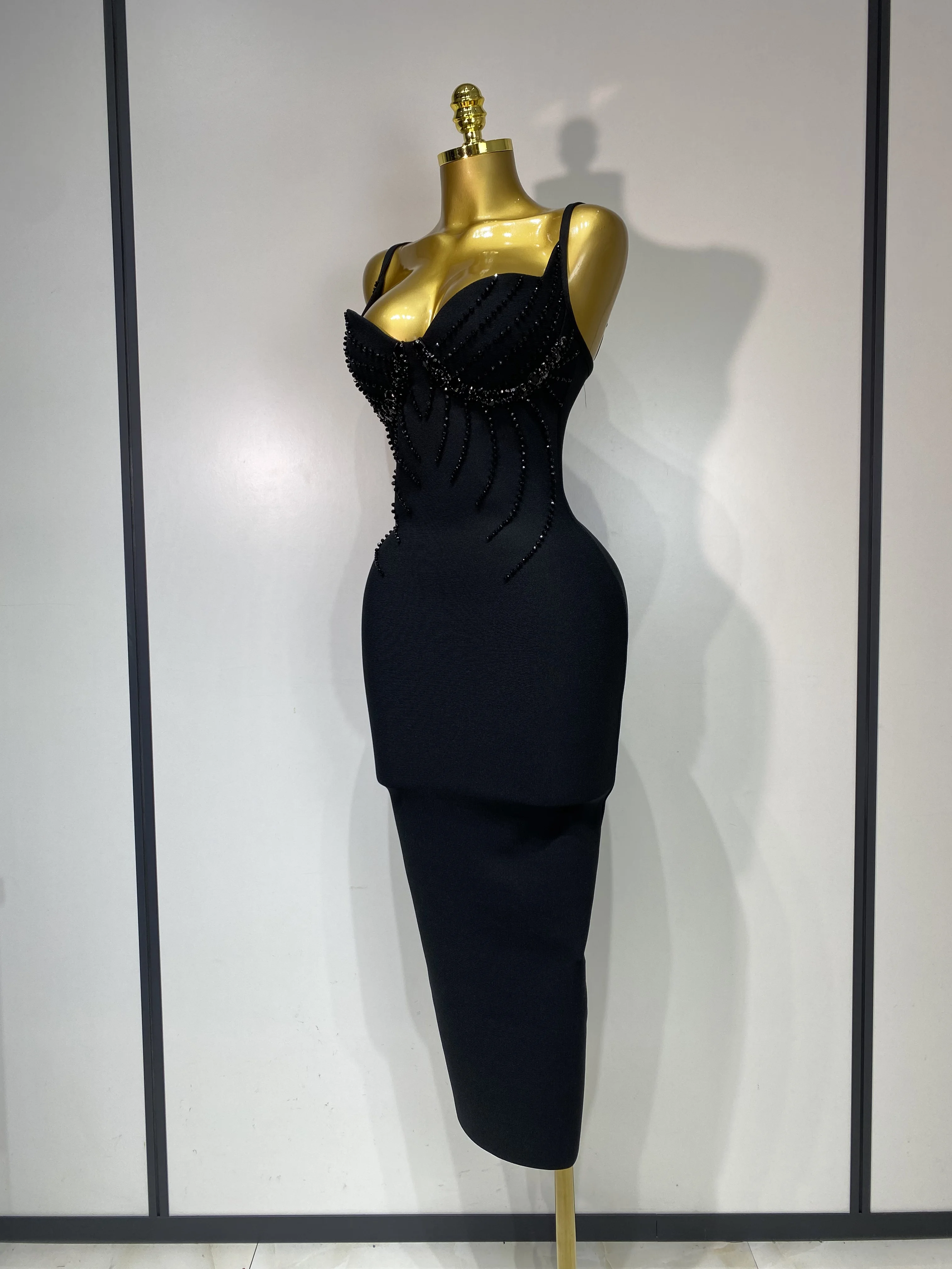 Women Sexy Beading Spaghetti Strap Bodycon Bandage Dress Club Party Luxury Birthday Celebrity Elegant Dresses Wedding Guest Gown