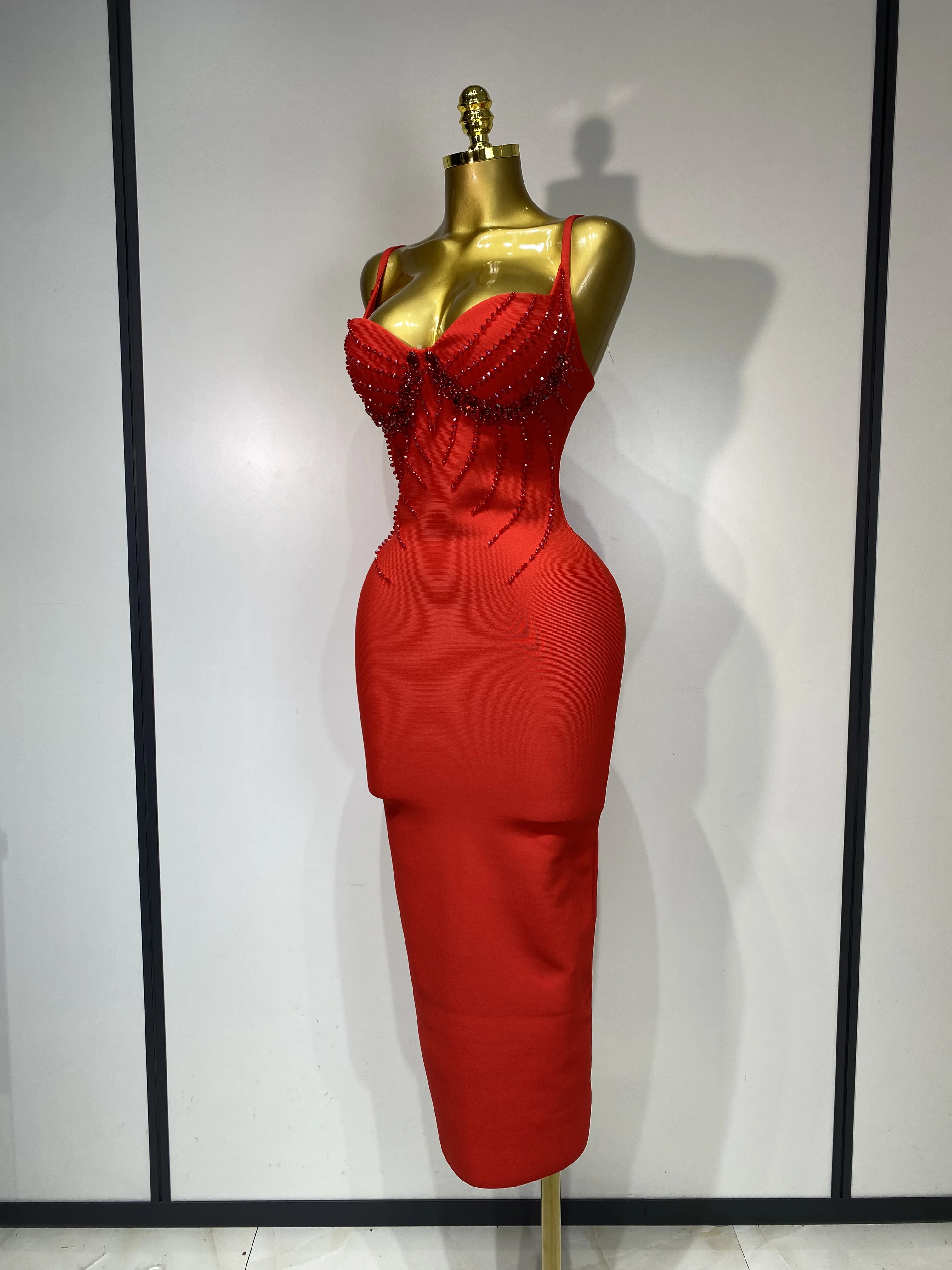 Women Sexy Beading Spaghetti Strap Bodycon Bandage Dress Club Party Luxury Birthday Celebrity Elegant Dresses Wedding Guest Gown