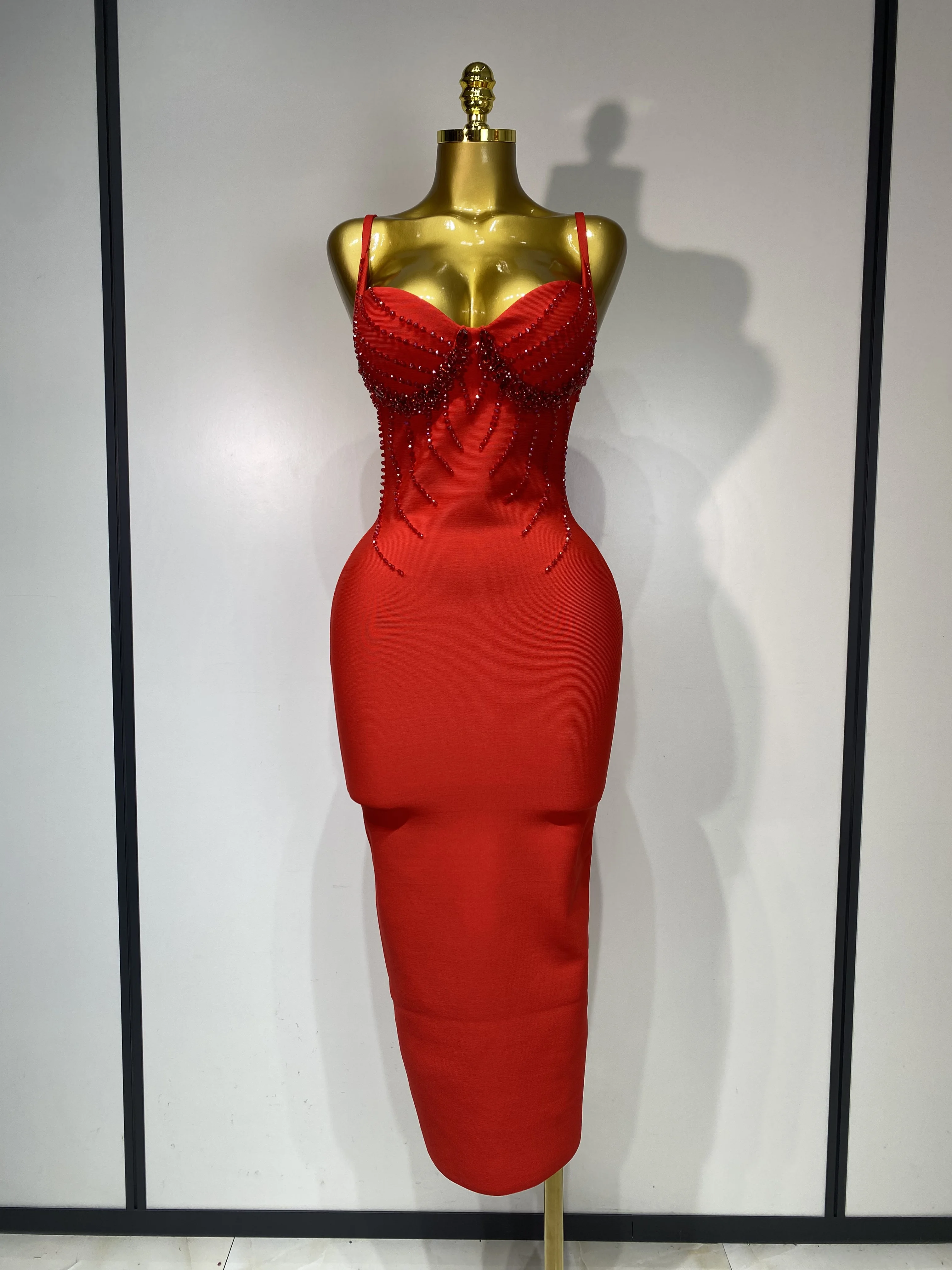 Women Sexy Beading Spaghetti Strap Bodycon Bandage Dress Club Party Luxury Birthday Celebrity Elegant Dresses Wedding Guest Gown