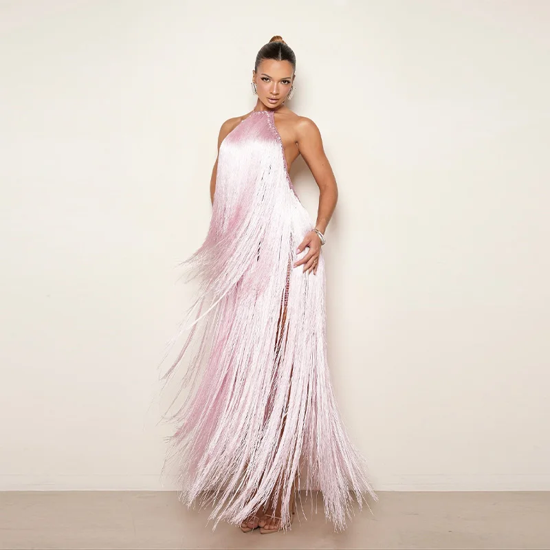 Party Women's Dress Halter Sleeveless Backless Tassel Solid Female Long Holiday Dresses 2026 Summer Fashion Elegant Lady Robe