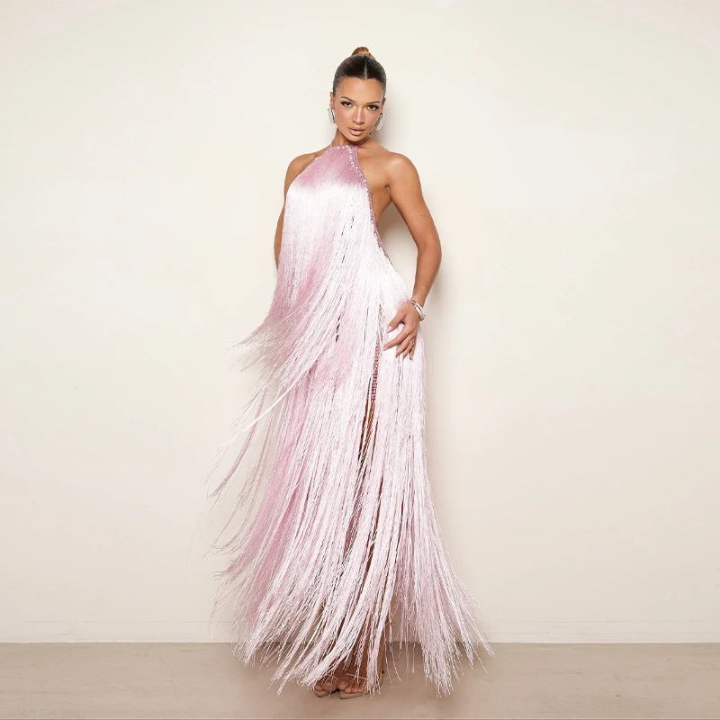 Party Women's Dress Halter Sleeveless Backless Tassel Solid Female Long Holiday Dresses 2026 Summer Fashion Elegant Lady Robe