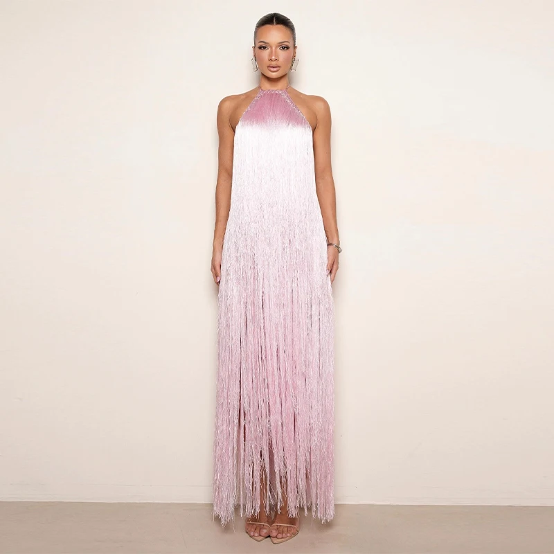 Party Women's Dress Halter Sleeveless Backless Tassel Solid Female Long Holiday Dresses 2026 Summer Fashion Elegant Lady Robe