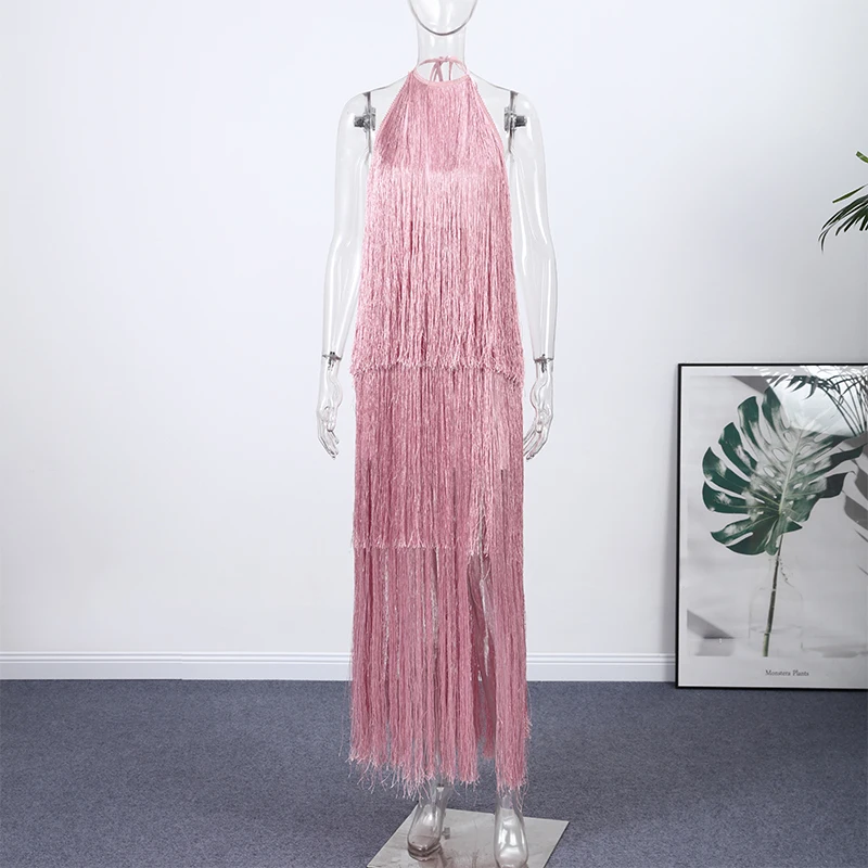Party Women's Dress Halter Sleeveless Backless Tassel Solid Female Long Holiday Dresses 2026 Summer Fashion Elegant Lady Robe