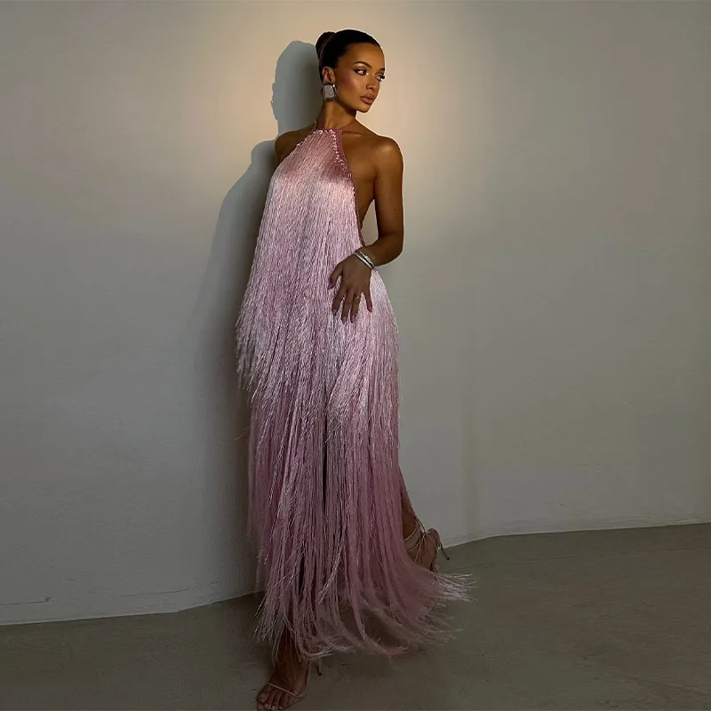 Party Women's Dress Halter Sleeveless Backless Tassel Solid Female Long Holiday Dresses 2026 Summer Fashion Elegant Lady Robe
