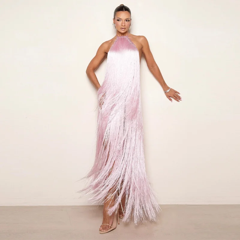 Party Women's Dress Halter Sleeveless Backless Tassel Solid Female Long Holiday Dresses 2026 Summer Fashion Elegant Lady Robe