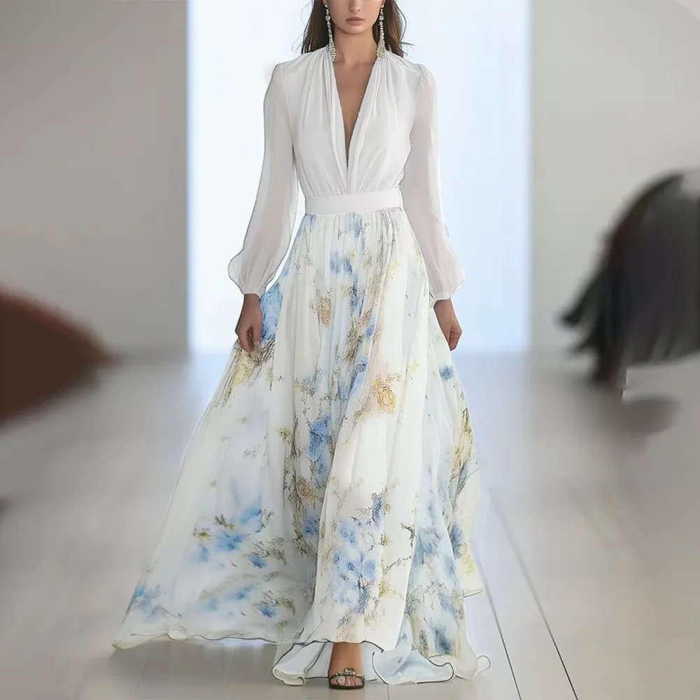 Elegant Long Sleeve Maxi Dress Women 2025 Summer Fashion Slim Floral Print V-neck White Long Dresses Casual