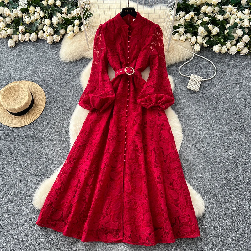 Spring Autumn High End Elegant Birthday Party Women's Dress New French Hook Flower Single Breasted Slim Lace Long Dress S89