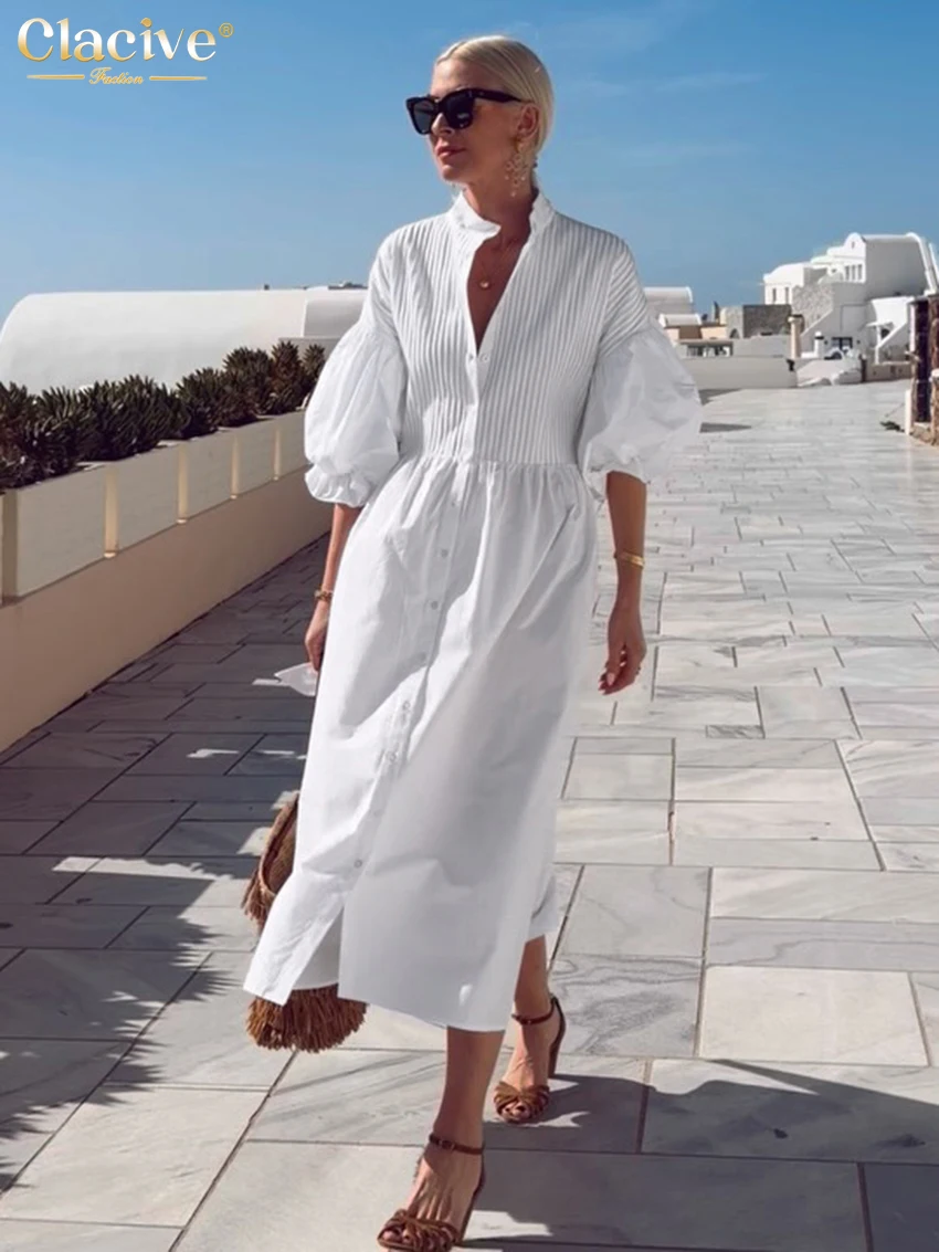 Clacive Fashion Loose White Cotton Women Dress Casual Stand Collar Half Sleeve Midi Dresses Elegant Classic Lace-Up Female Dress