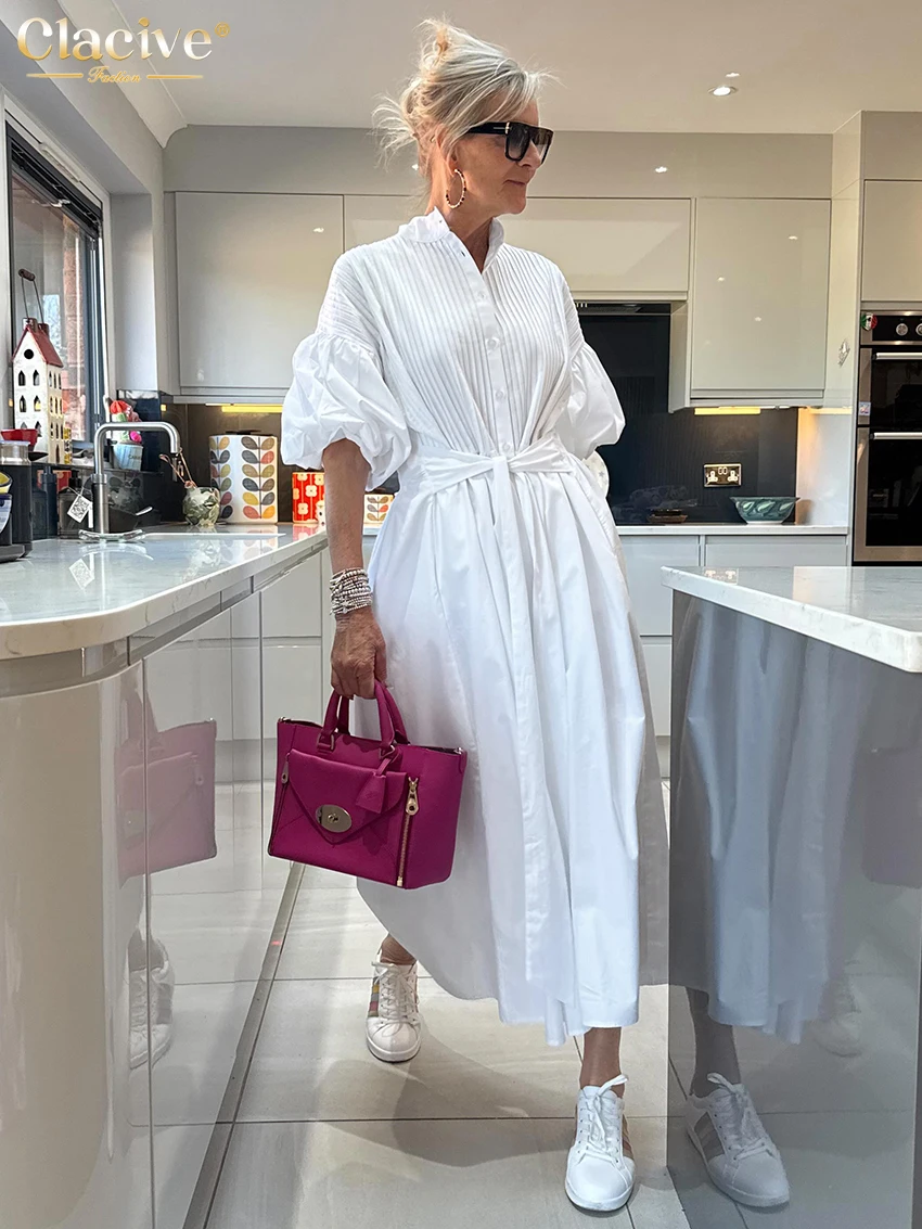 Clacive Fashion Loose White Cotton Women Dress Casual Stand Collar Half Sleeve Midi Dresses Elegant Classic Lace-Up Female Dress
