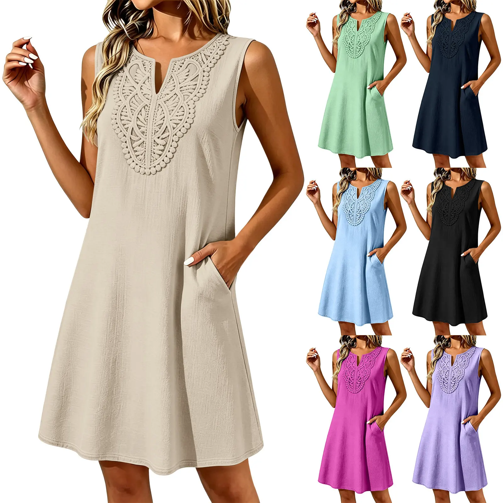 2026 New Loose Pocket Linen Dress For Women V Neck Embroidery Bohemian Floral Summer Dresses Women Knee Length Sundress Vestidos