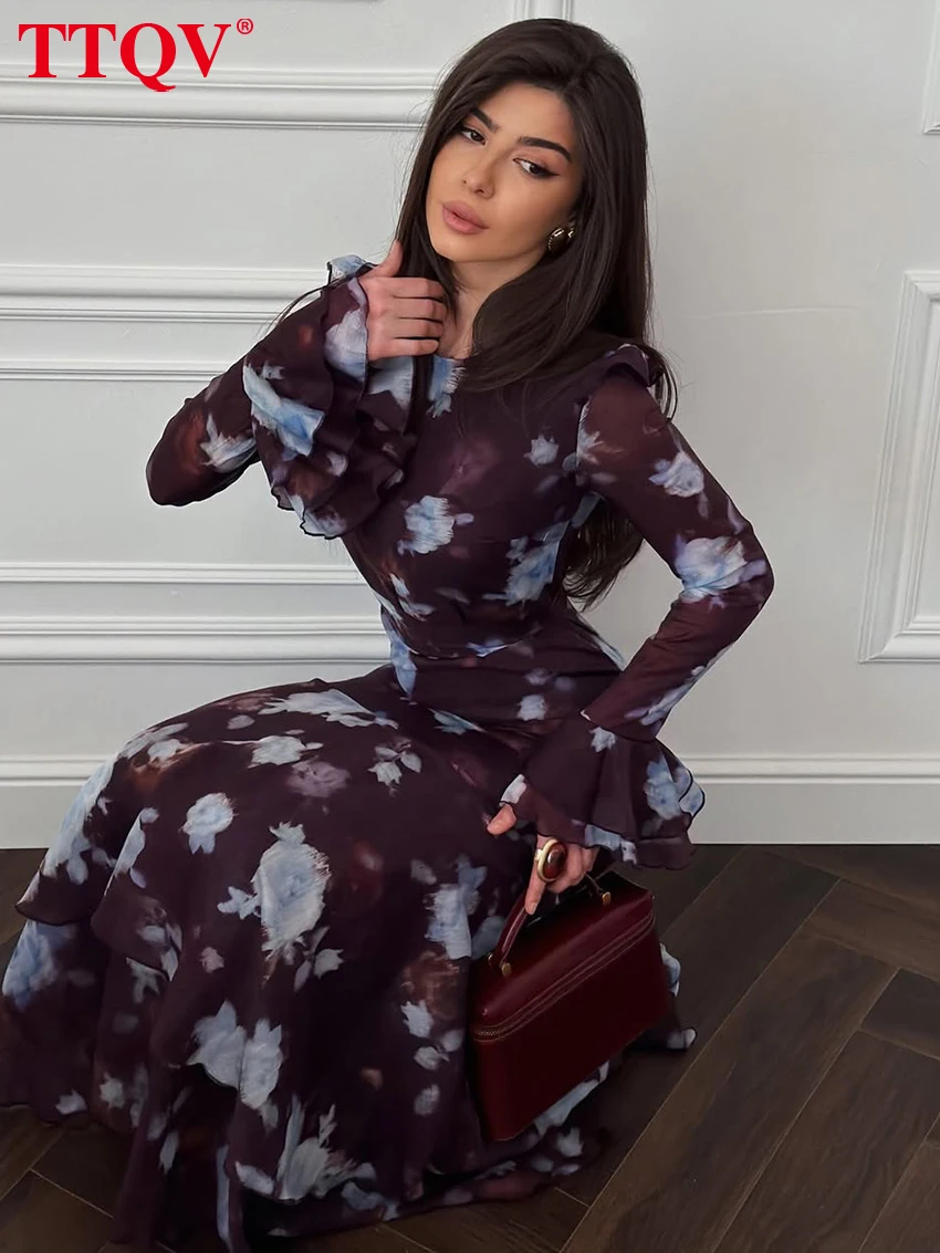 TTQV Fashion Loose Print Women Dress 2026 Autumn O-Neck Long Sleeve Ankle Length Dresses Elegant Classic High Waist Female Dress
