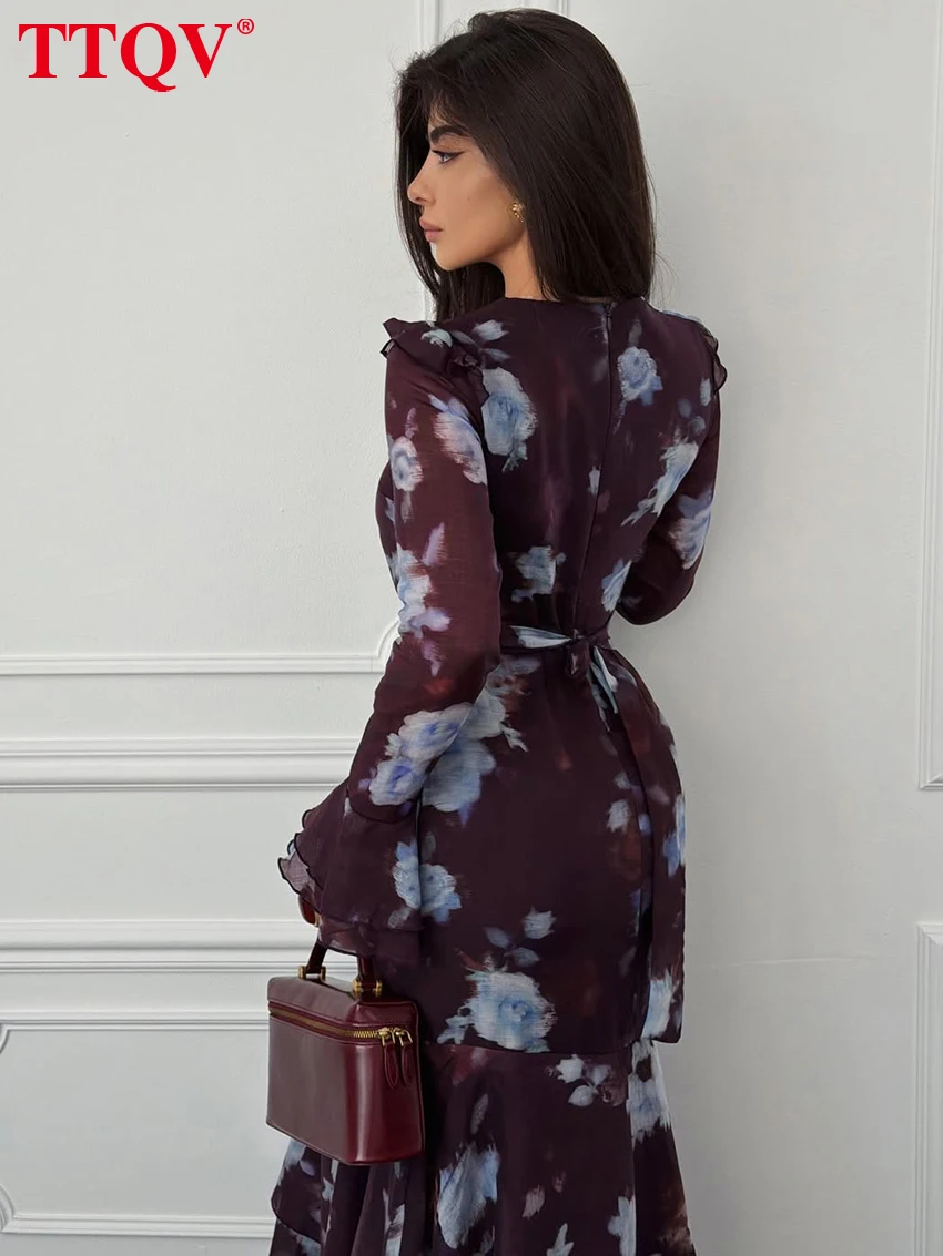 TTQV Fashion Loose Print Women Dress 2026 Autumn O-Neck Long Sleeve Ankle Length Dresses Elegant Classic High Waist Female Dress