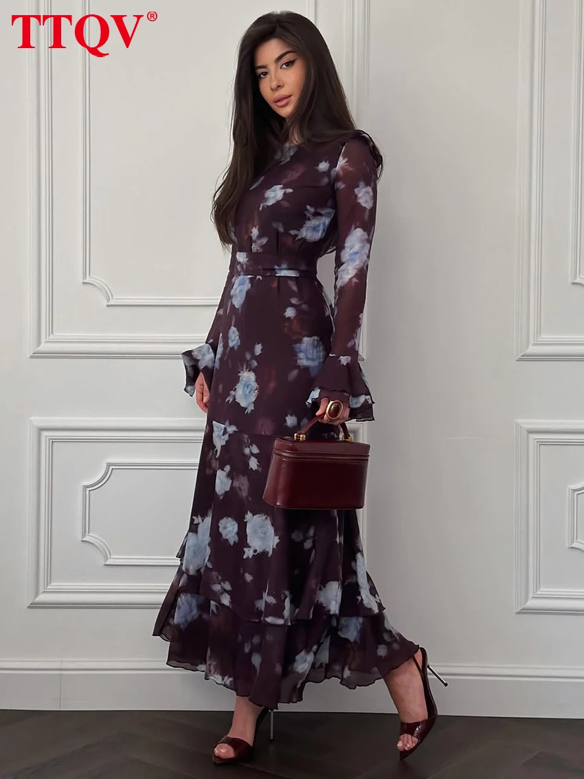 TTQV Fashion Loose Print Women Dress 2026 Autumn O-Neck Long Sleeve Ankle Length Dresses Elegant Classic High Waist Female Dress
