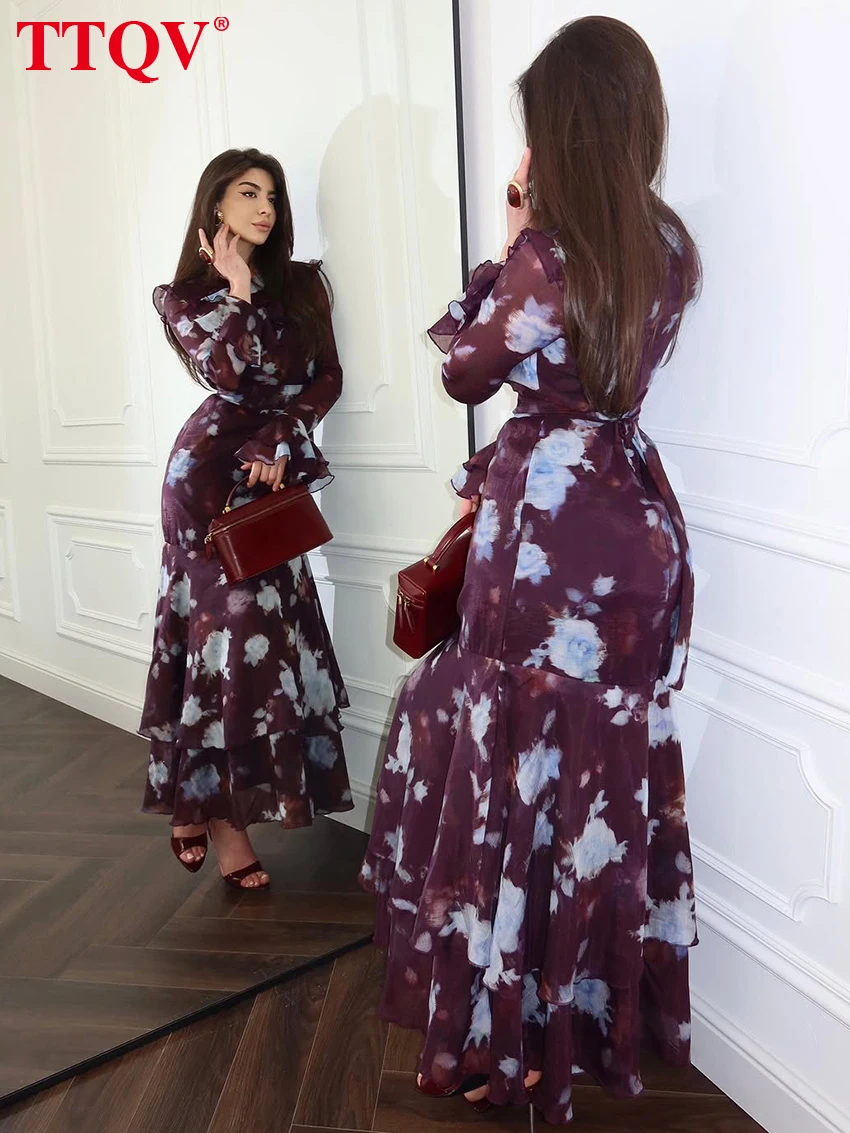TTQV Fashion Loose Print Women Dress 2026 Autumn O-Neck Long Sleeve Ankle Length Dresses Elegant Classic High Waist Female Dress