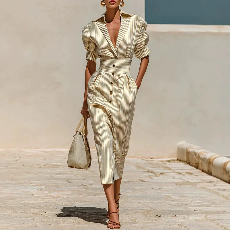 Vintage Vertical Stripe Shirt Dress Women Turn Down Collar Puff Sleeve High Waist Dress Belted Button Pocket Resort Travel Dress