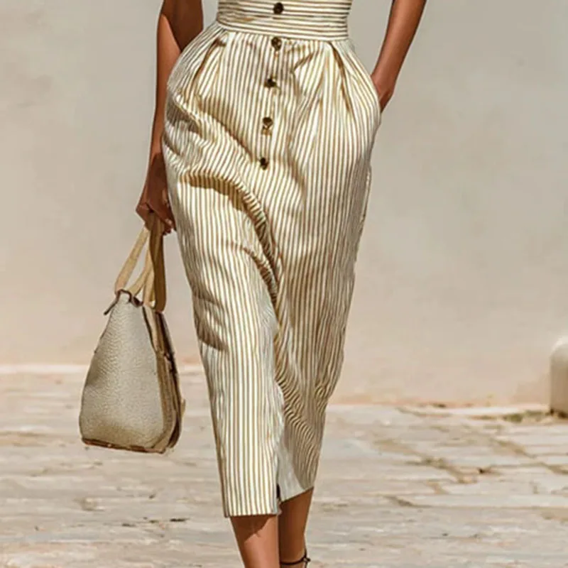 Vintage Vertical Stripe Shirt Dress Women Turn Down Collar Puff Sleeve High Waist Dress Belted Button Pocket Resort Travel Dress