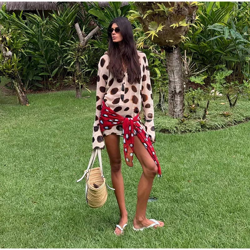 Fashion Printed Detachable Scarf Shirt Dress Women Flare Sleeve Single Breasted Mini Dresses 2026 Summer New Lady Vacation Wear