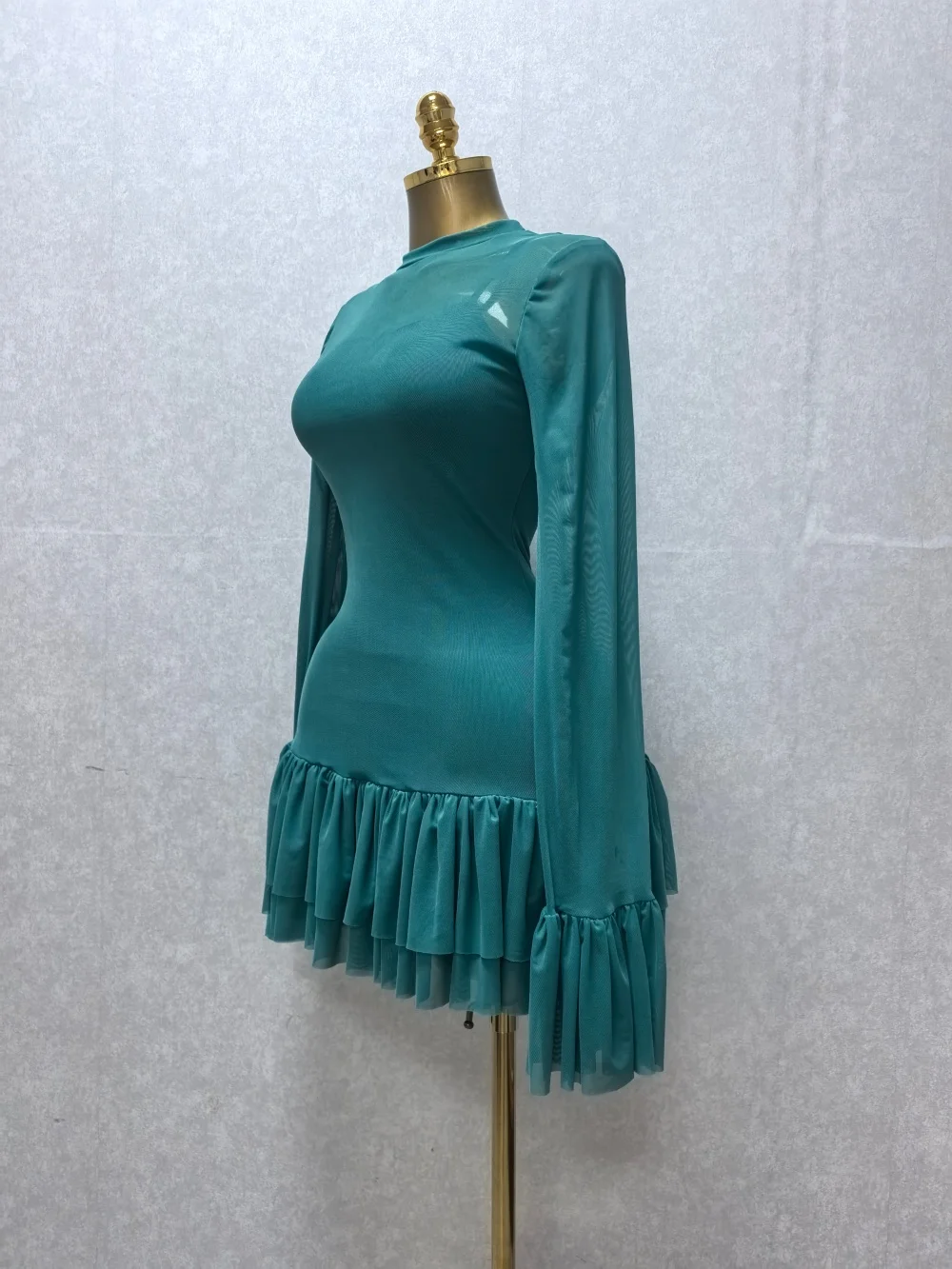 CM.YAYA Women Mesh Long Sleeve Wrap O-Neck Ruffles Pleated Hem Mini Party Dress 2026 Summer Party Beach Vacation Sexy Dress