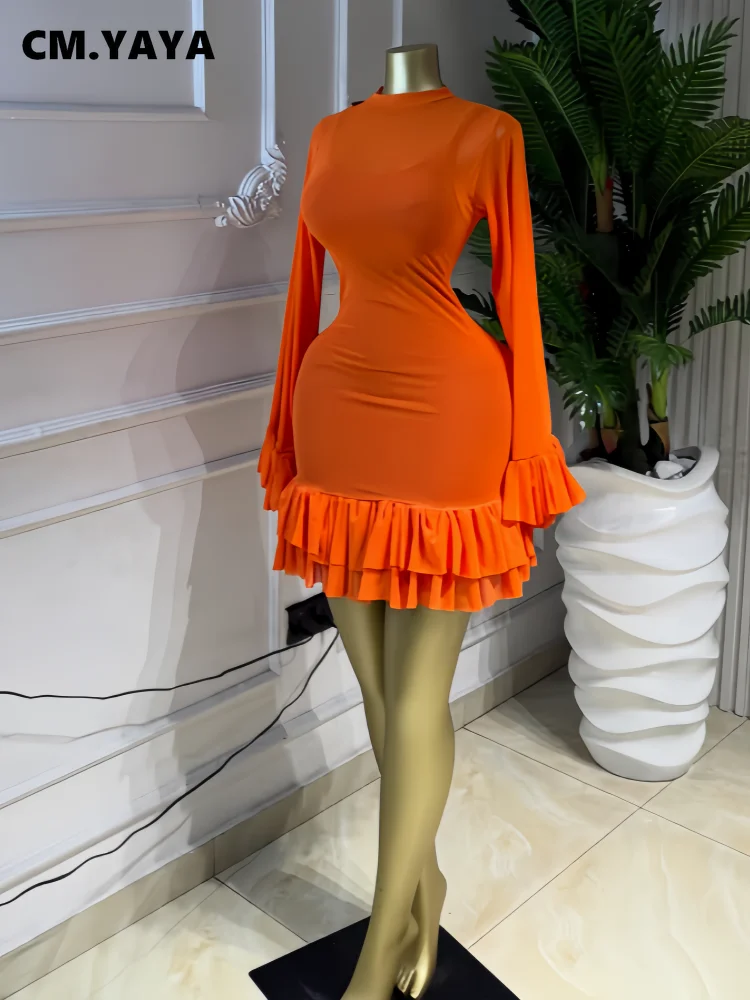 CM.YAYA Women Mesh Long Sleeve Wrap O-Neck Ruffles Pleated Hem Mini Party Dress 2026 Summer Party Beach Vacation Sexy Dress