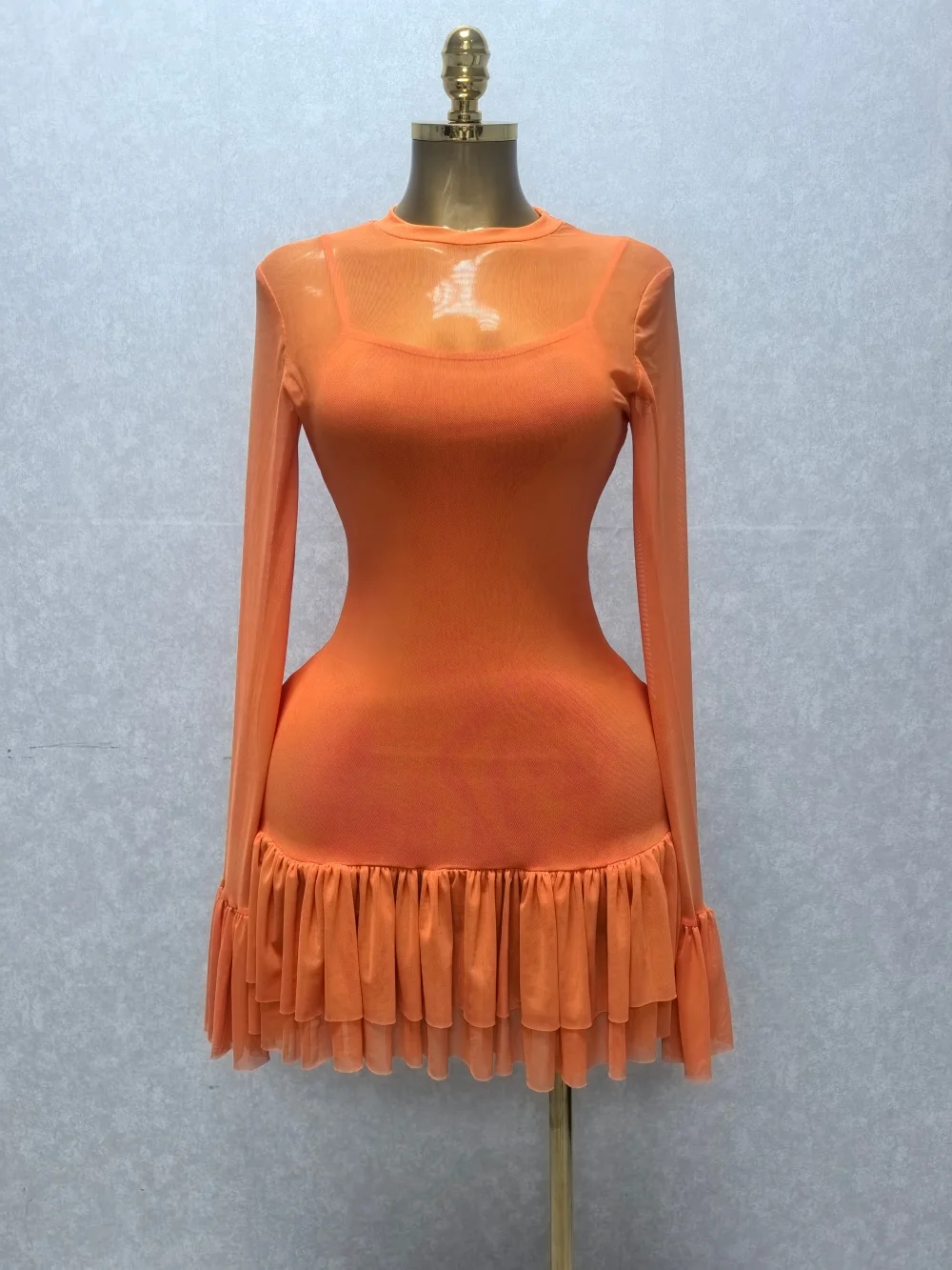 CM.YAYA Women Mesh Long Sleeve Wrap O-Neck Ruffles Pleated Hem Mini Party Dress 2026 Summer Party Beach Vacation Sexy Dress