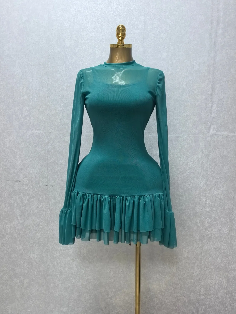 CM.YAYA Women Mesh Long Sleeve Wrap O-Neck Ruffles Pleated Hem Mini Party Dress 2026 Summer Party Beach Vacation Sexy Dress