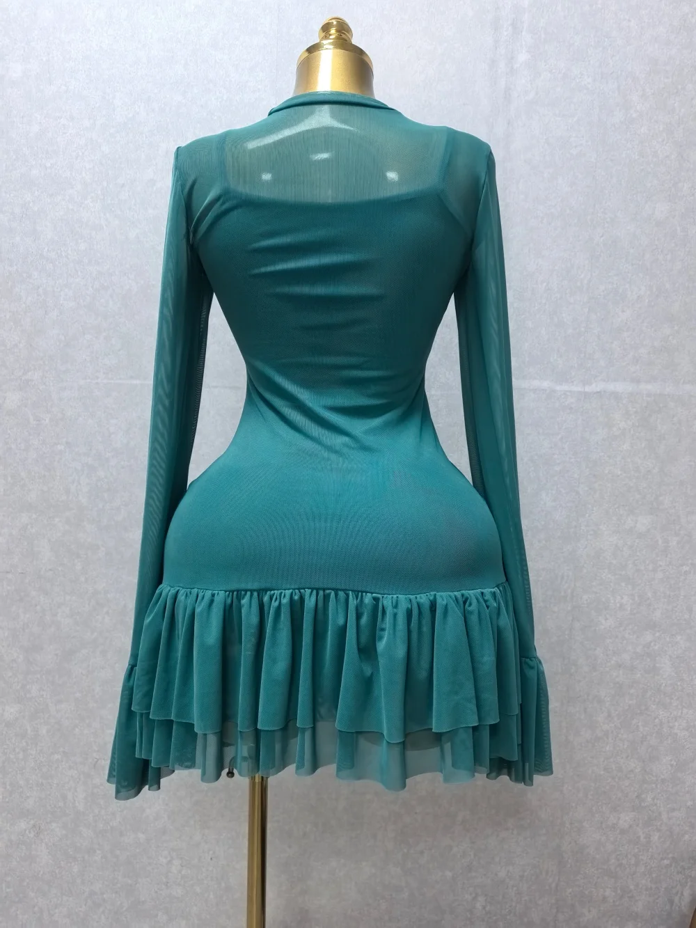 CM.YAYA Women Mesh Long Sleeve Wrap O-Neck Ruffles Pleated Hem Mini Party Dress 2026 Summer Party Beach Vacation Sexy Dress